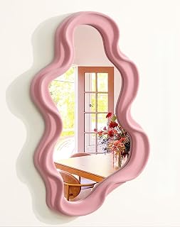Wavy Mirror Wall Decor for Girly Bedroom, Small Cute Abstract Decorative Mirrors for Modern Apartment Nursery Room Decoration, Hanging Wall Art Above Dresser Desk Table Decor (Light Pink)