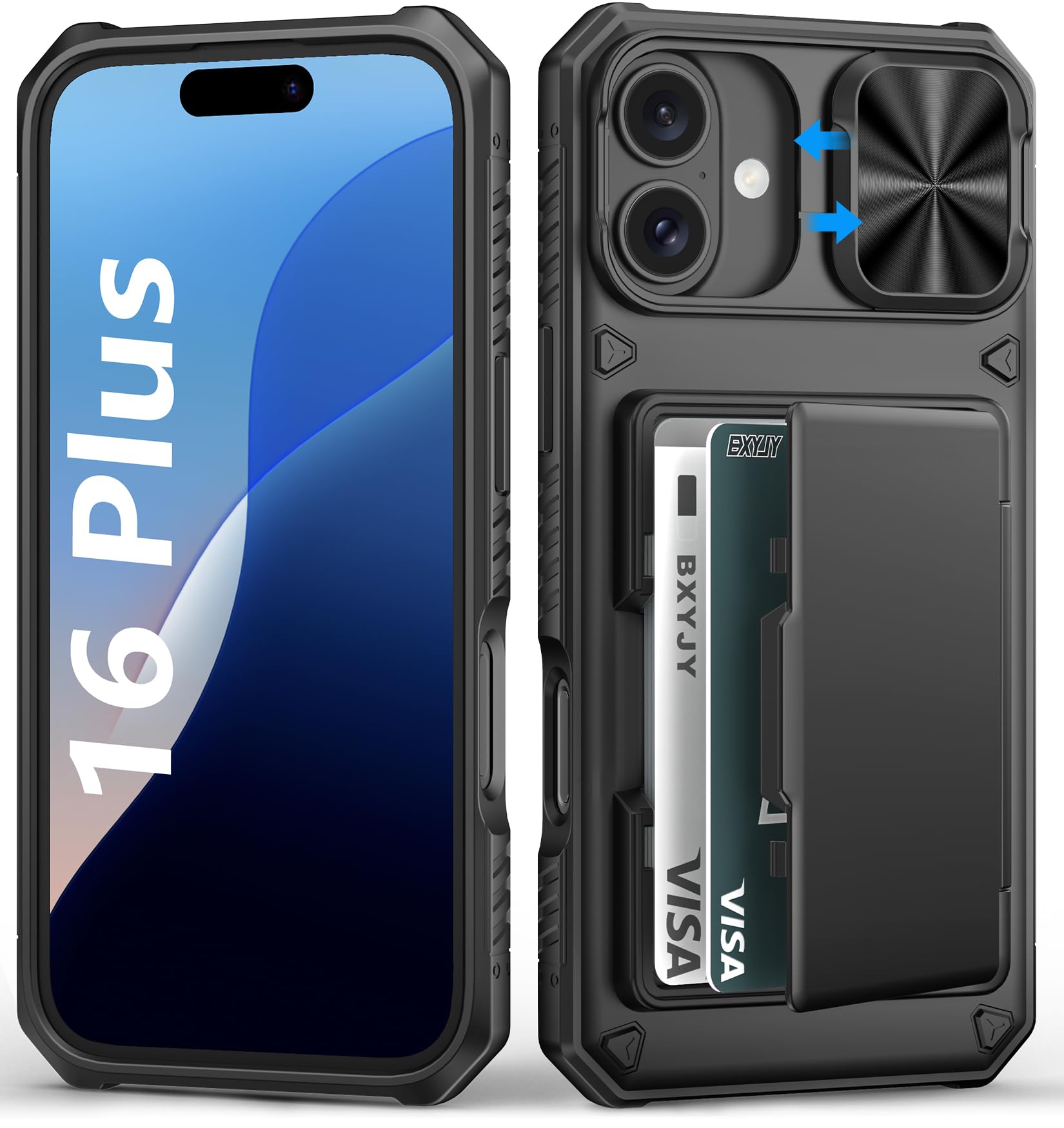 BXYJY for iPhone 16 Plus Case Wallet, Built-in Card Holder (4-5 Cards), Slide Camera Cover, Military Drop & RFID Protection, Rugged Heavy Duty Men