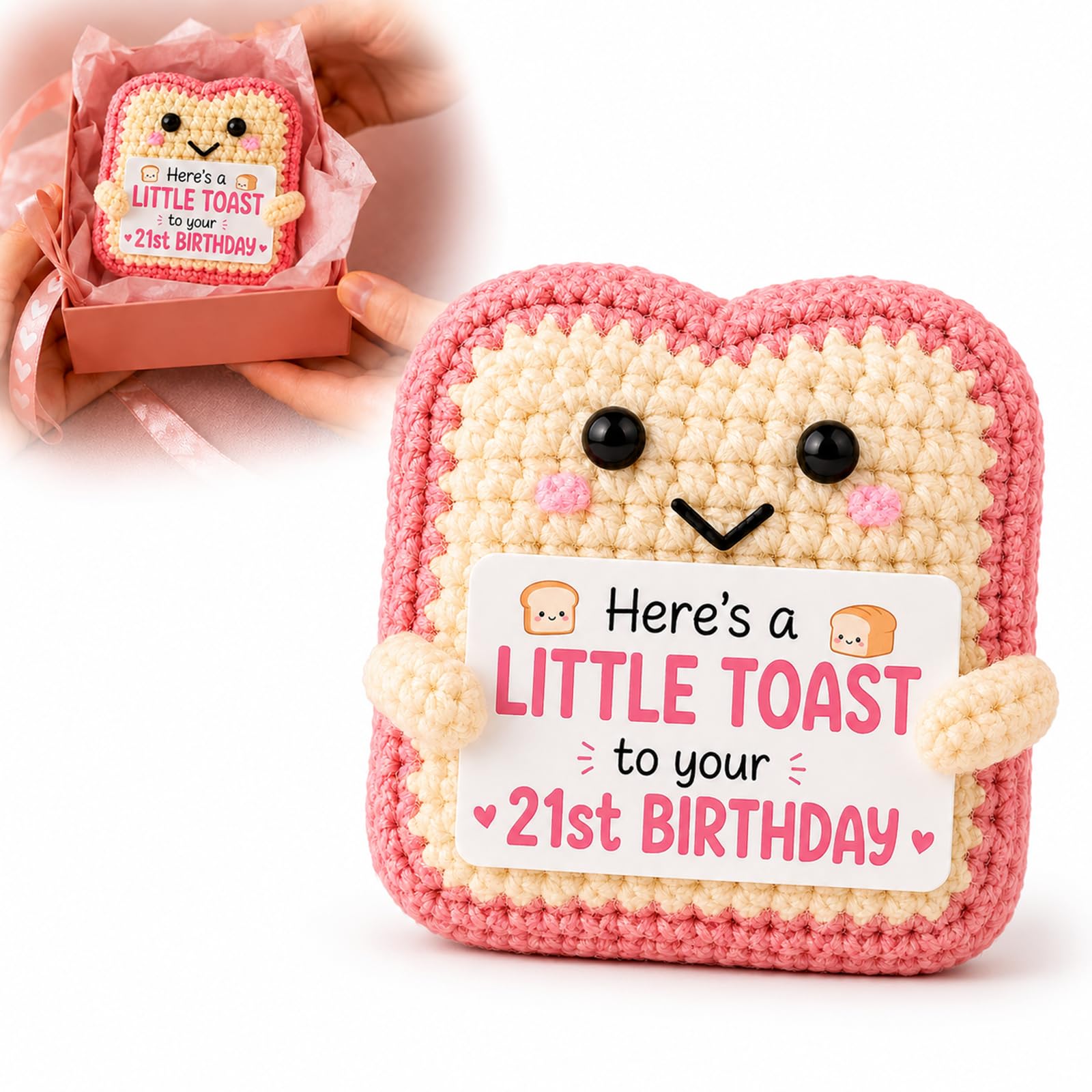 21st Birthday Gift for Her, Handmade Crochet Toast Doll with Message Sign