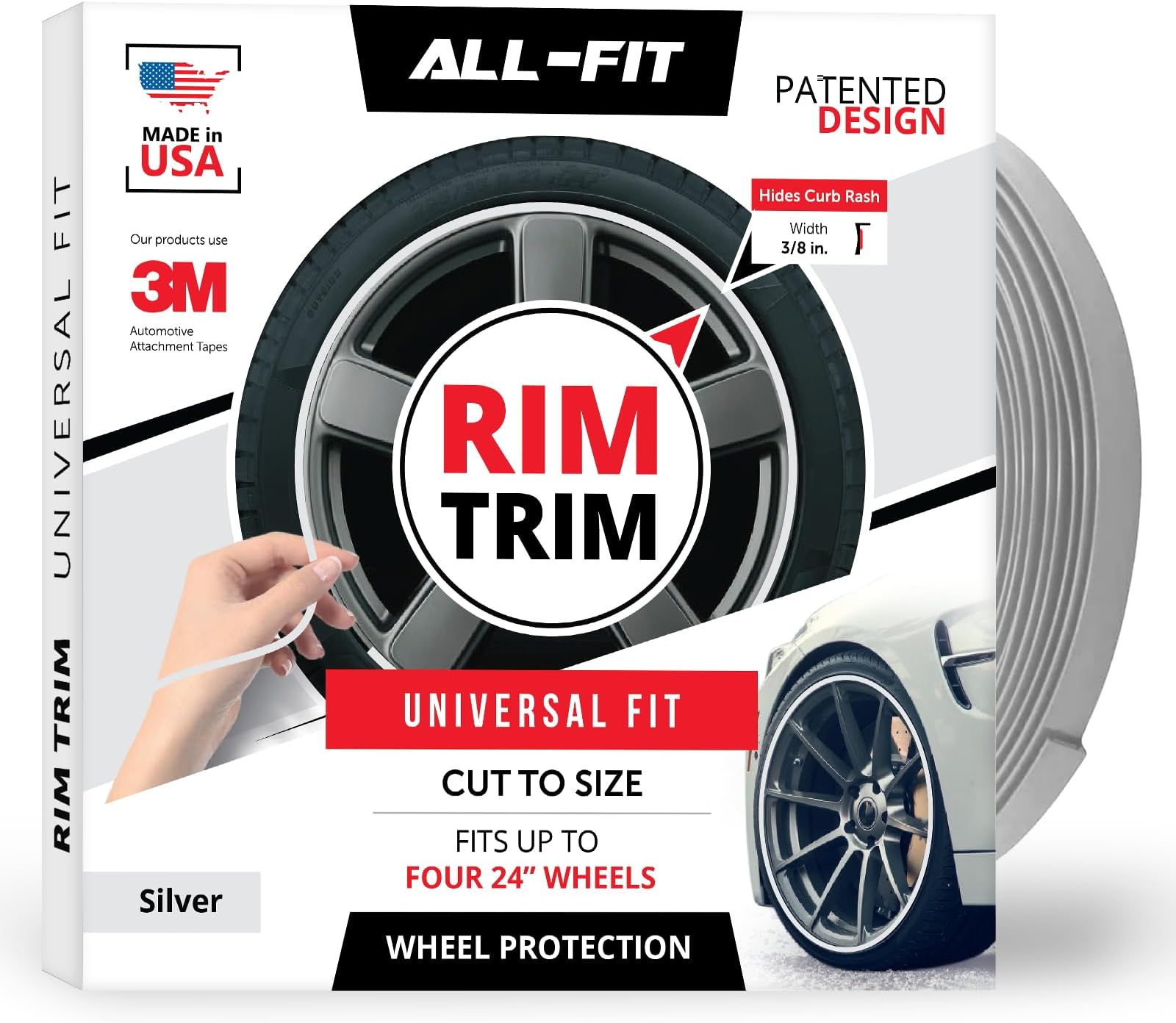 All-Fit Automotive Rim Trim – Durable DIY Car Exterior Accessories for Curb Rash Protection – Fits Up to Four 24" Wheels – Made in USA – Flexible, Durable Wheel Rim Protector (3/8″ Width - Silver)