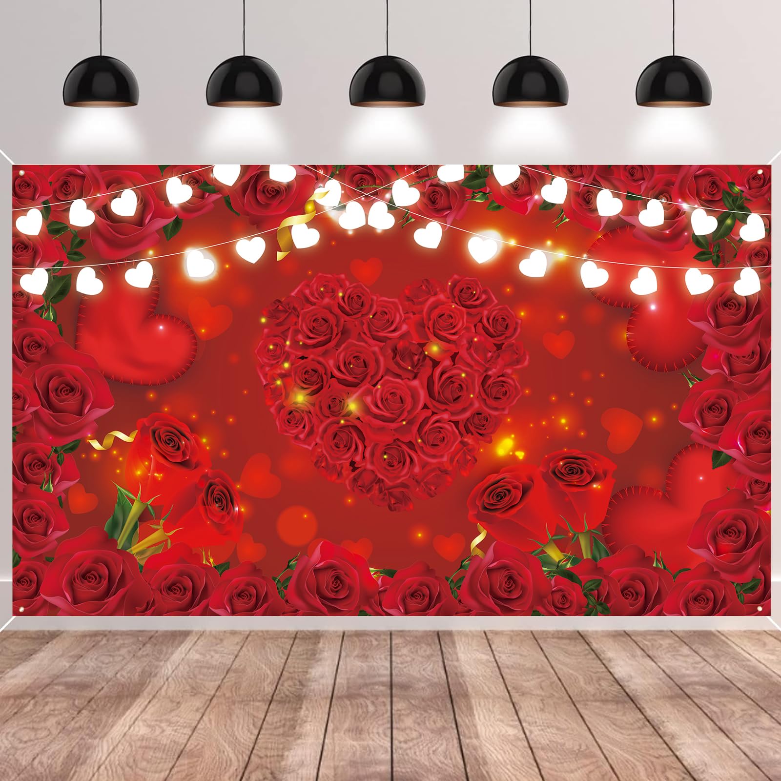 SMENGGIL Red Rose Flowers Backdrop Floral Heart Light Photography Background Hanging Banner Decoration for Wedding Anniversary Mother's Birthday Party