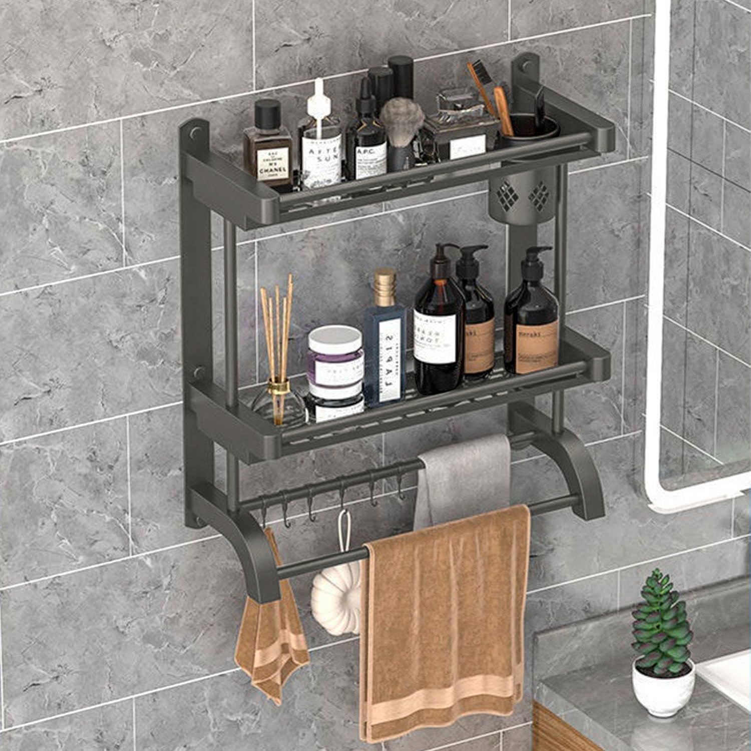 Wandrek van metaal, 2 lagen, 40 cm, zwevend rek met handdoekhouder en 5 haken, wandmontage, voor badkamer, slaapkamer, woonkamer, keuken, thuiskantoor, bijkeuken (grijs