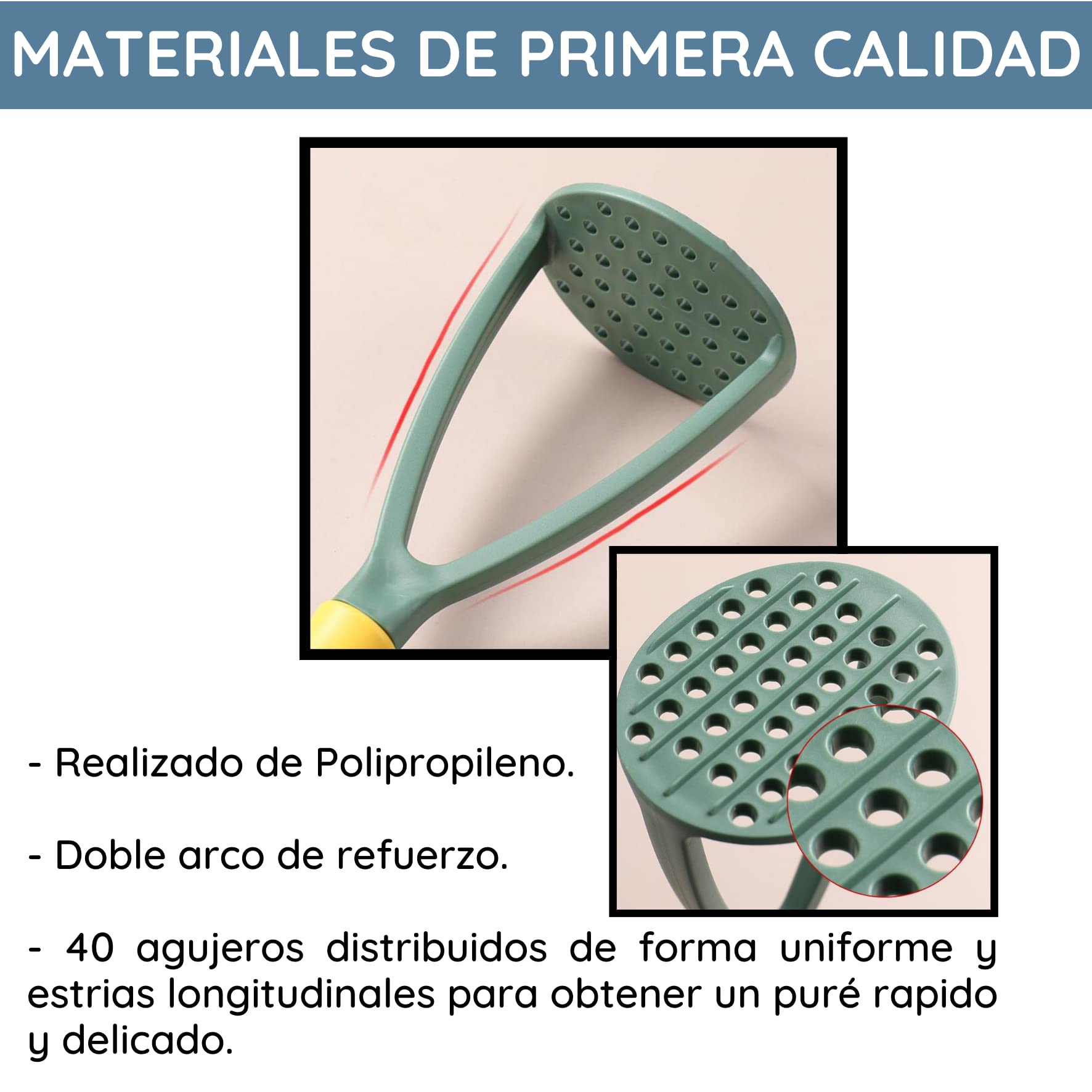 Triturador de patatas - Potato smasher - Accesorio de cocina - Pasapurés - Machacador - Prensa de polipropileno- Mango suave y agarre ergonómico - Resistente Aplastador para fruta y verduras (ROJO))