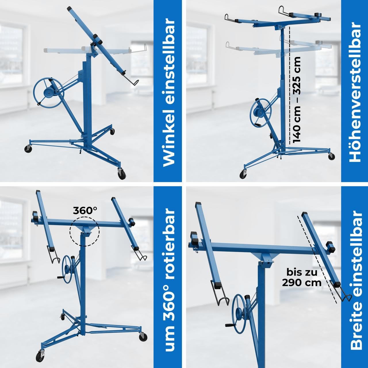 Plattenheber Trockenbau - Plattenlift bis 325cm und 68kg - 1- Mann Plattenlift für Rigipsplatten - für Decken und Wände (Blau)