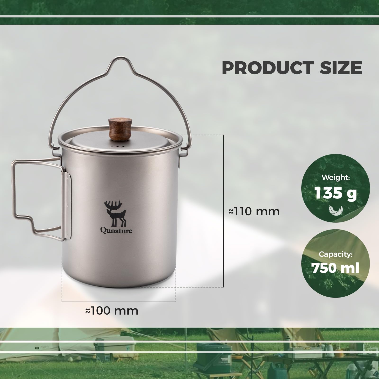 Kubek Tytanowy 750 ml z Pokrywką i Składanymi Uchwytami, Lekki Kubek Turystyczny do Gotowania i Picia, na Camping, Trekking, Bikepacking, z Pierścieniem do Zawieszania i Pokrowcem, 135 g