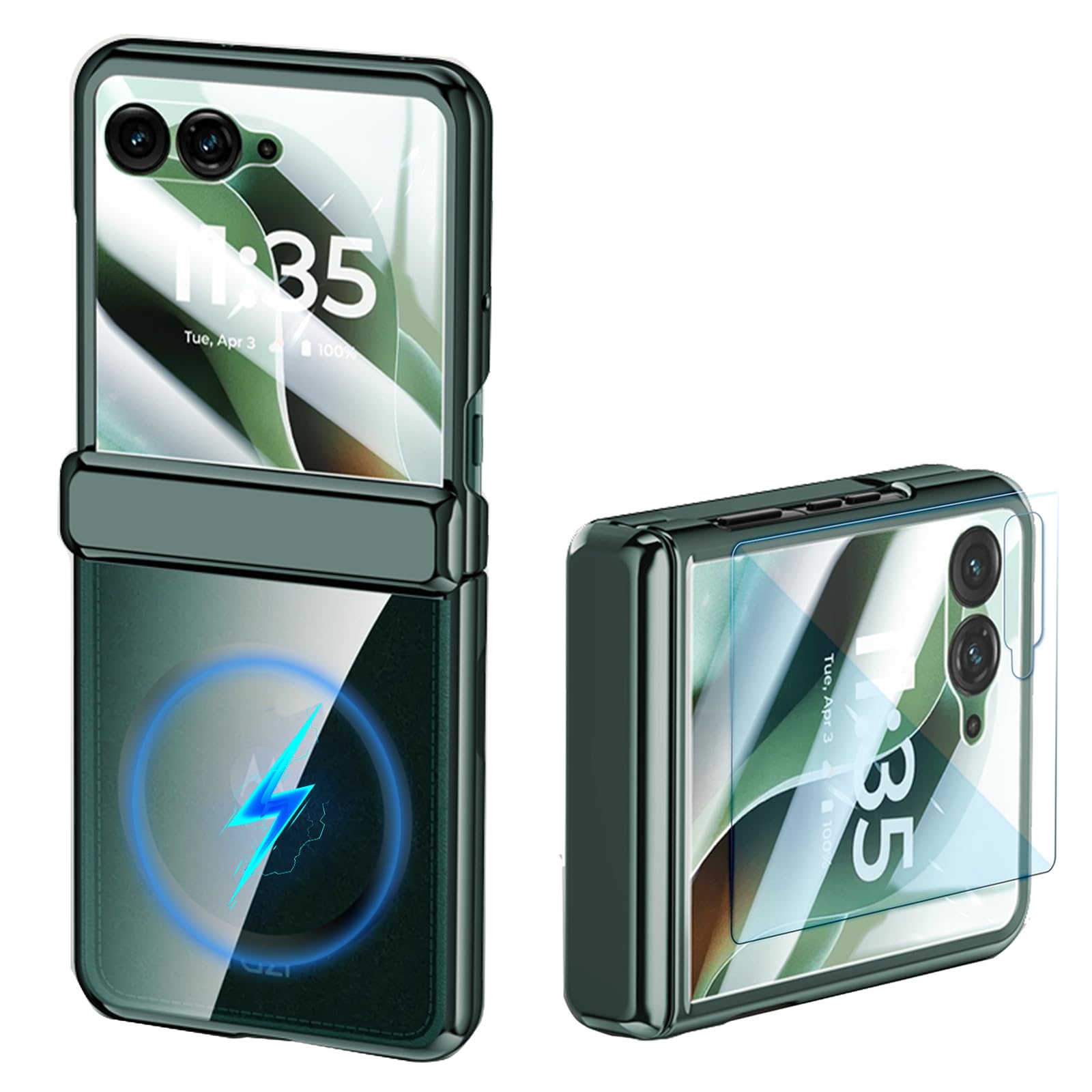 Magnetic Clear Case for Motorola Razr Ultra 2025 with Built-in Screen Protector & Hinge Protection, Transparent Plating Anti-Yellowing Support Wireless Charging Case for Moto Razr Ultra 2025 (Green)