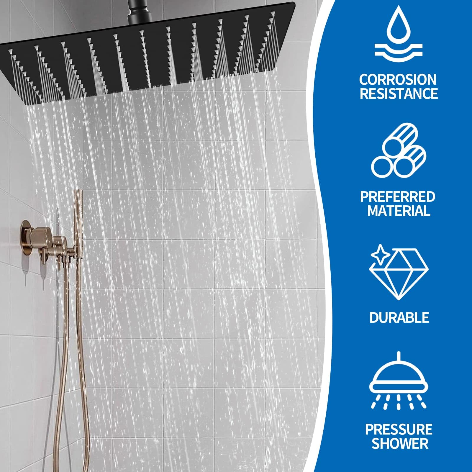12 Inch Rainfall Shower Head Square Fixed Shower Head, Stainless Steel High Pressure Rain Shower - Image 3