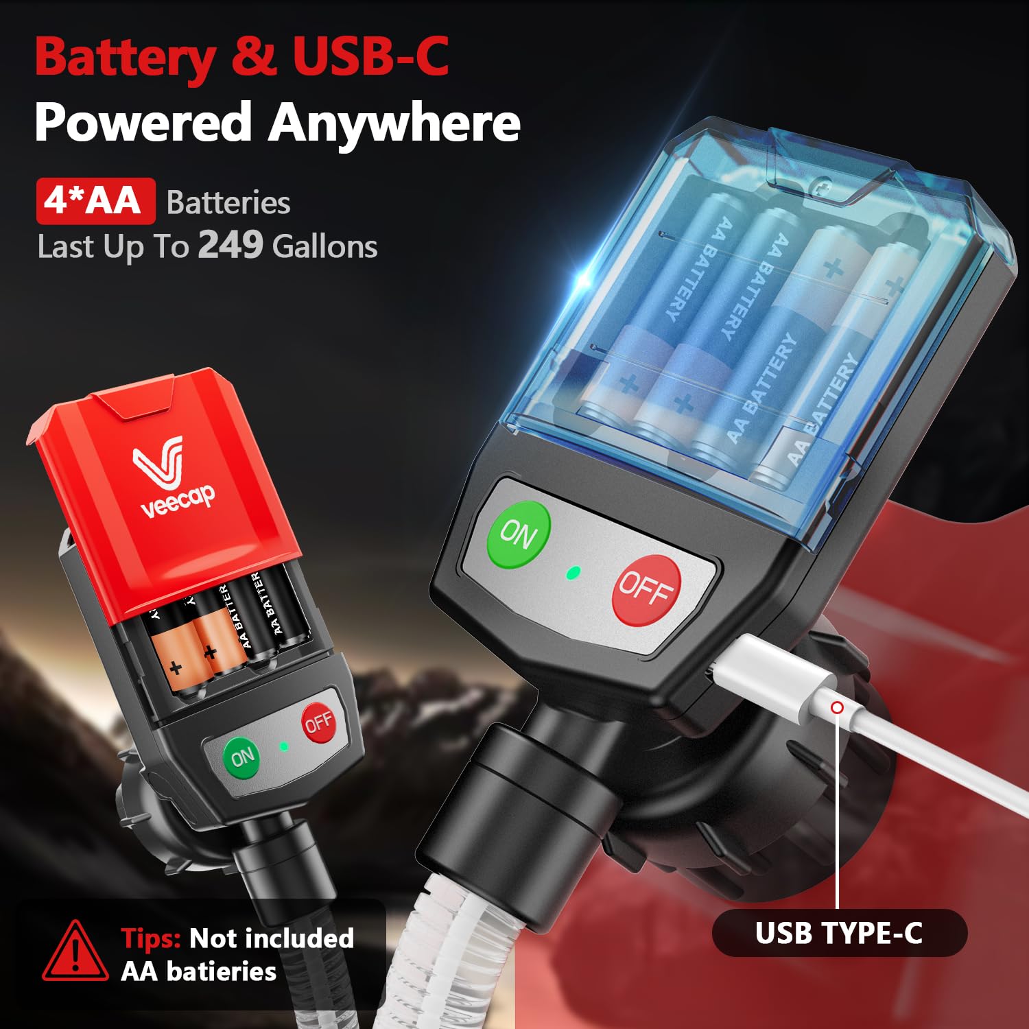 VEECAP Automatic Electric Fuel Transfer Pump with Auto-Stop, 3.8GPM & 51" Hose & 4 Size Adapters Gas Can Pump with Leak Protection for Gasoline, Diesel, Kerosene, Gifts for Men Dad Him - 2nd Gen Black