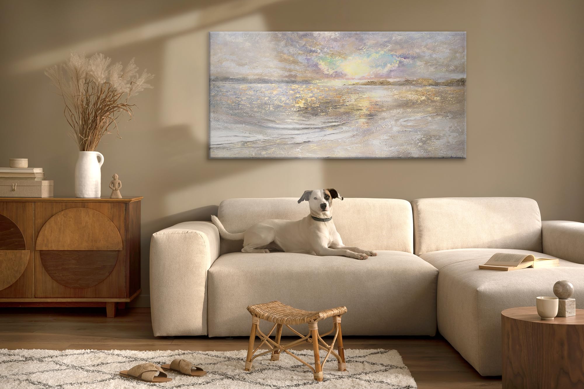 YS Tableau peinte à la main Crépuscule de la mer Art abstrait modern Surface texturée Motif de la mer en été dans des couleurs claires Déco murale salon 140x70 cm