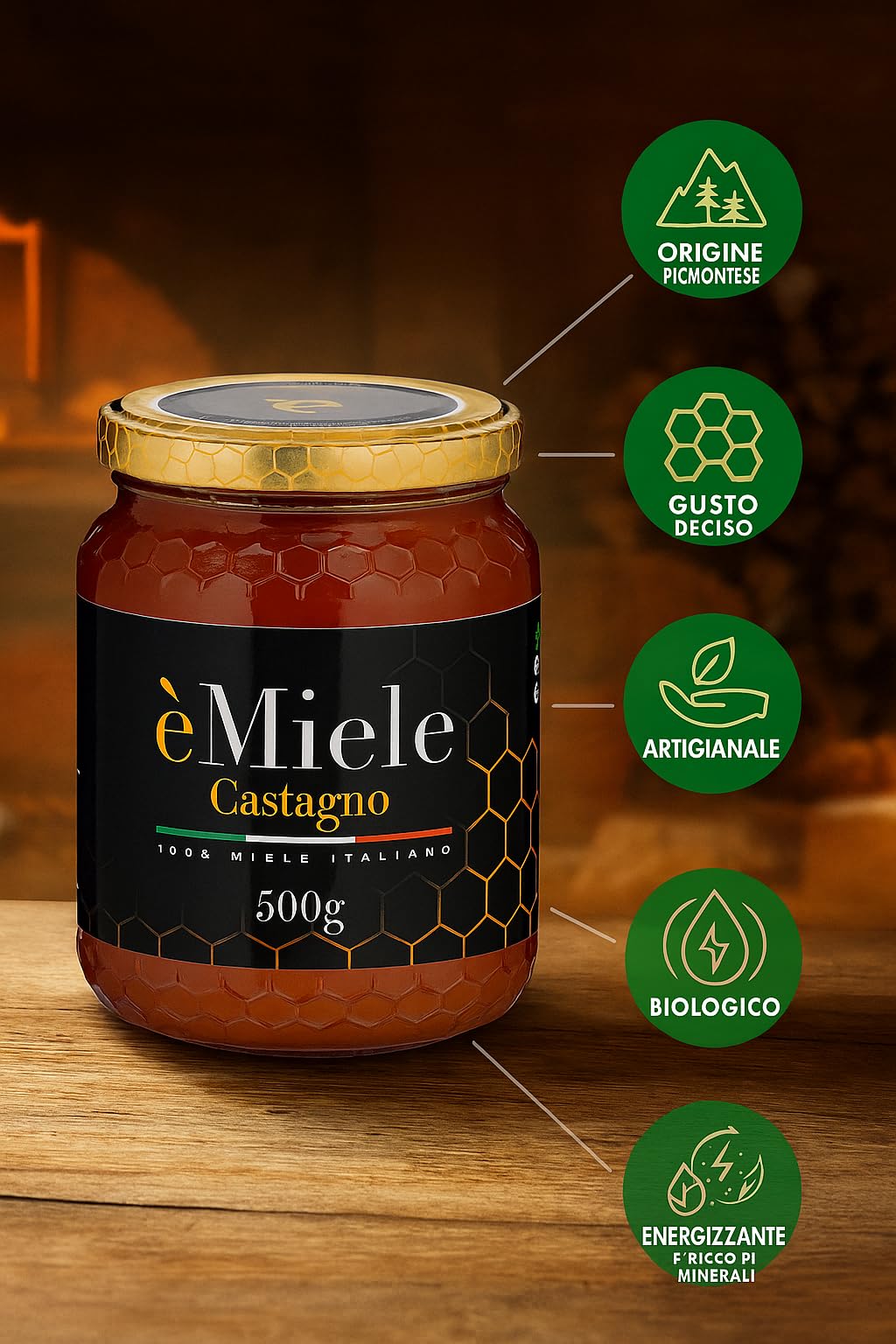 èMiele – Miele biologico di castagno 500 g | Raccolto in Valchiusella Piemonte | Miele italiano non pastorizzato, gusto intenso, naturale e ricco di minerali