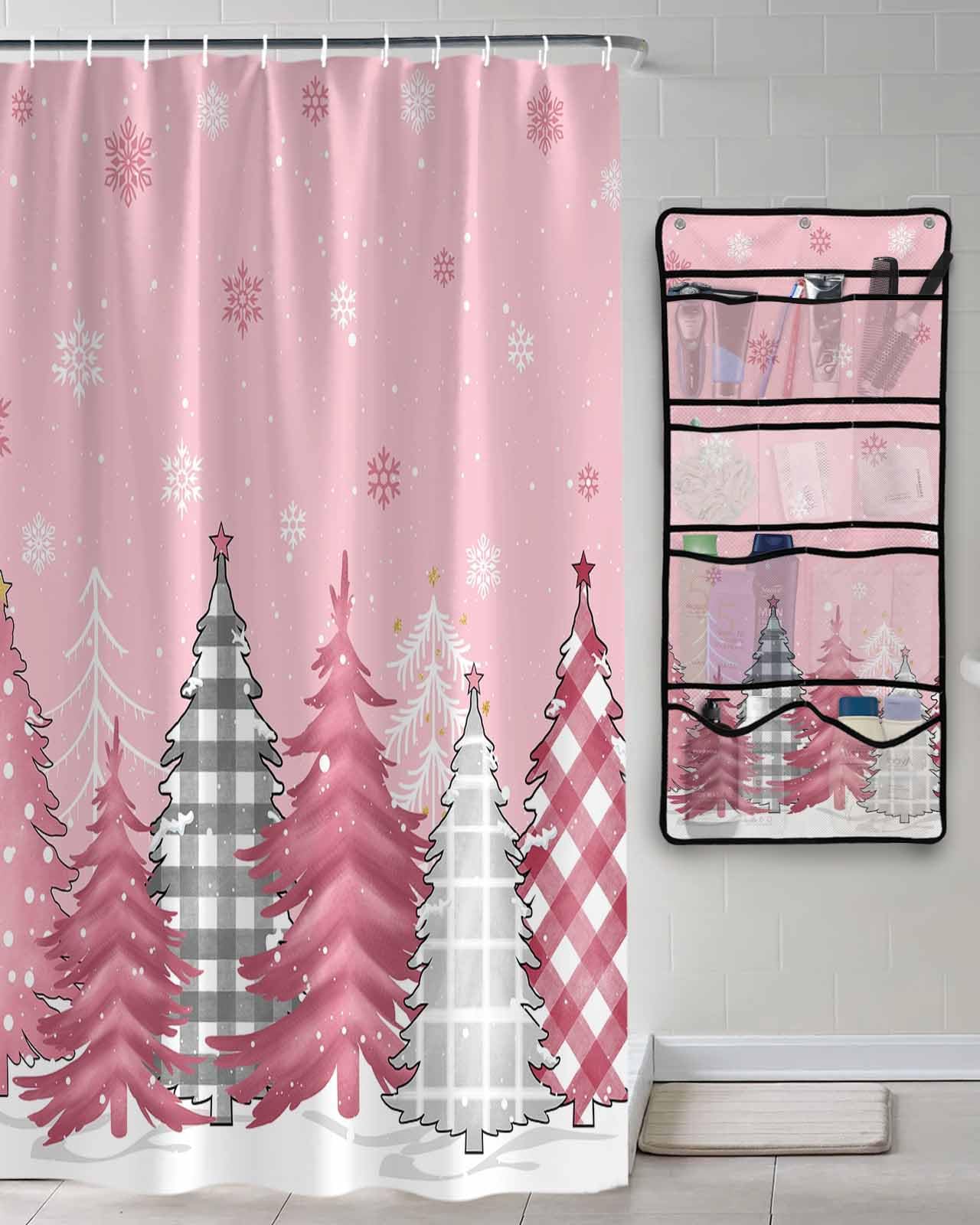 Shower Curtain Mesh Shower Organizer Hanging Set Christmas Pink Snowflake Stars Xmas Tree Waterproof Shower Curtains with 10