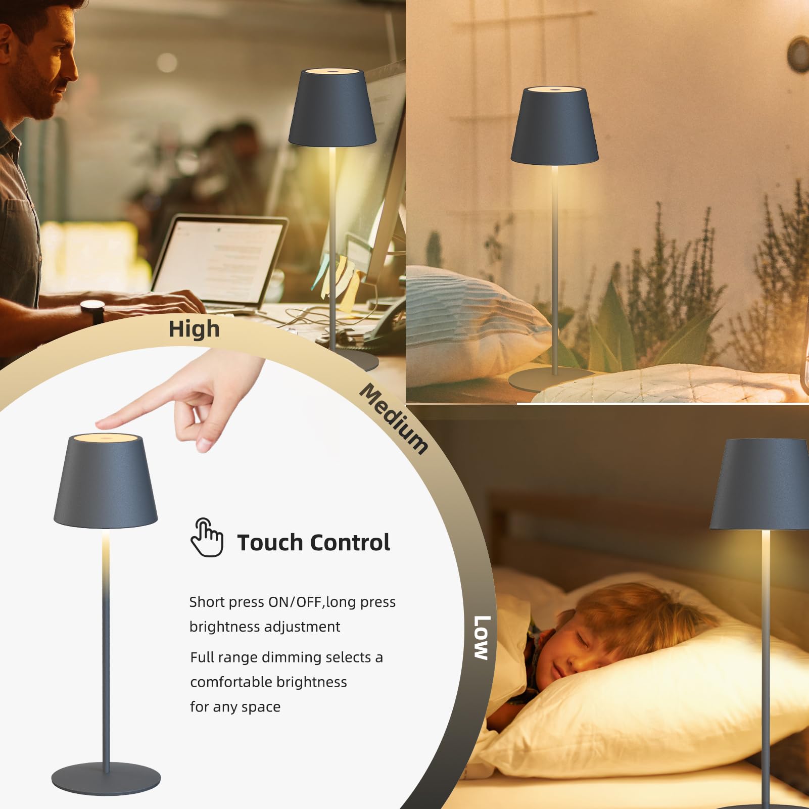 FUYO 2 pezzi Lampada da tavolo senza fili touch lampada da tavolo LED a batteria dimmerabile 3000-6000K con funzione di memoria, IP54 impermeabile per interni esterni camera da letto (Grigio)