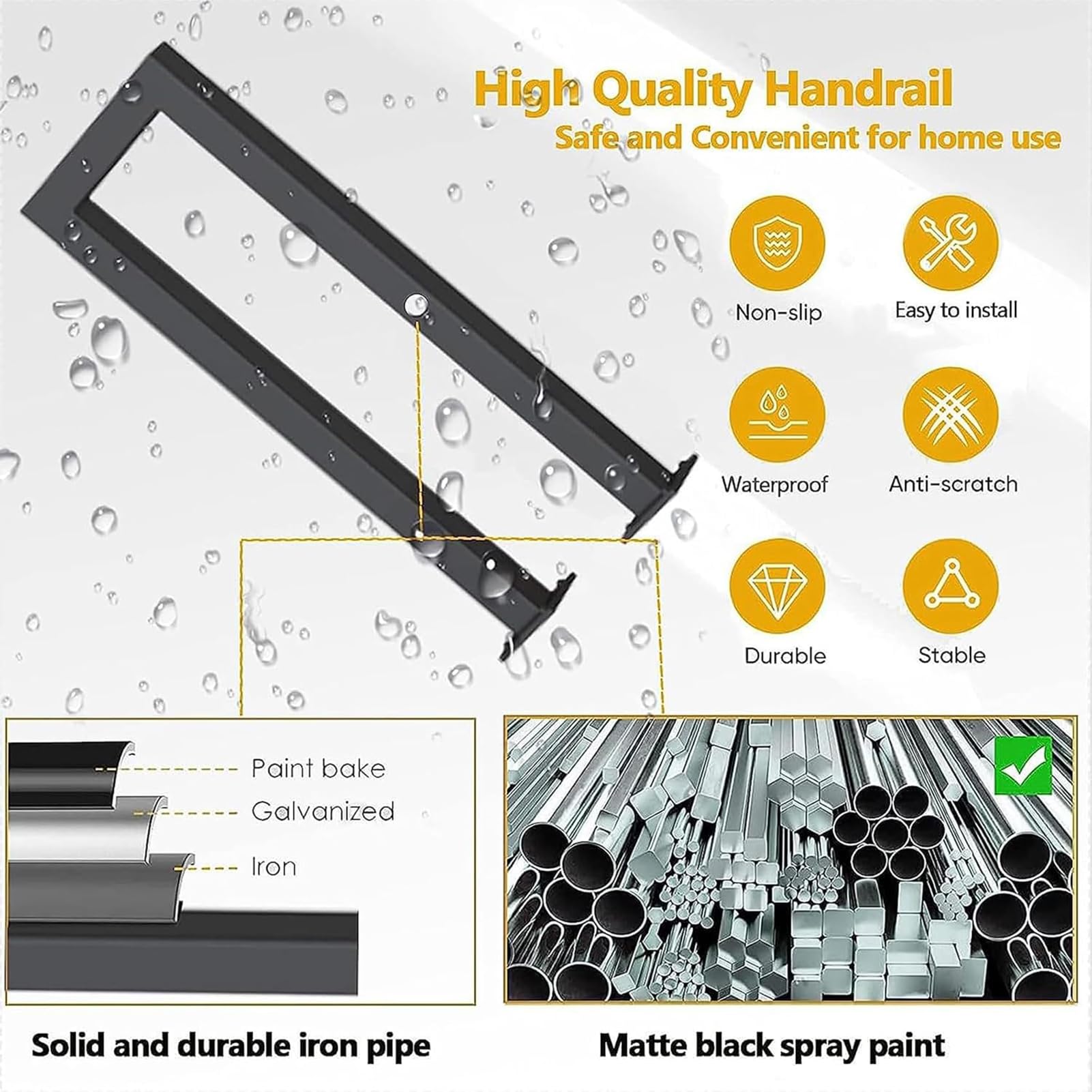 Barandilla de Escalera Forma de U, Barandillas Escaleras Interior, Pasamanos de Metal, Baranda para Escaleras, el hogar, Apartamento, Negro(Instalada Verticalmente,95cm)