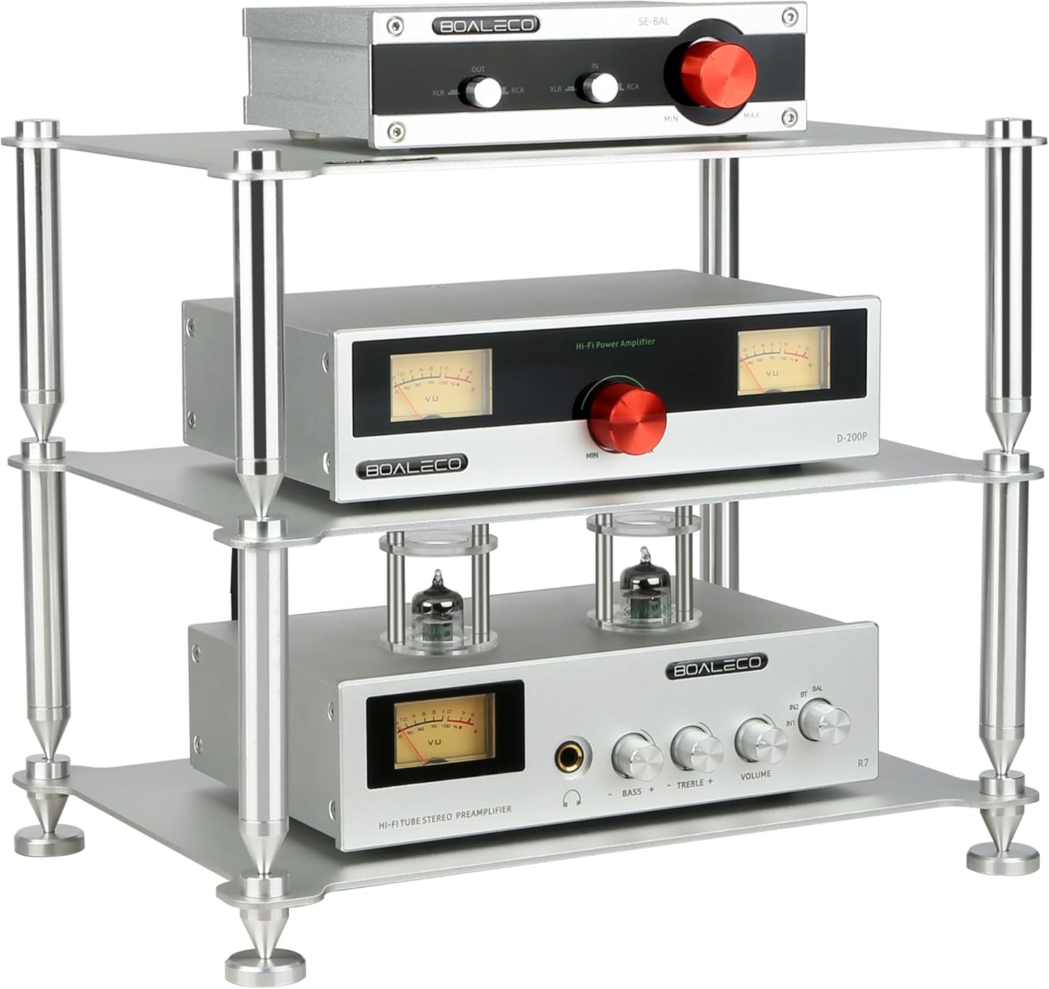 BOALECO FX2 Audiophile Audio Rack, 3-Tier Desktop HiFi Isolation Stand with Solid Aluminum Pillars, Modular Equipment Shelf for Amplifiers, DACs, and Preamps