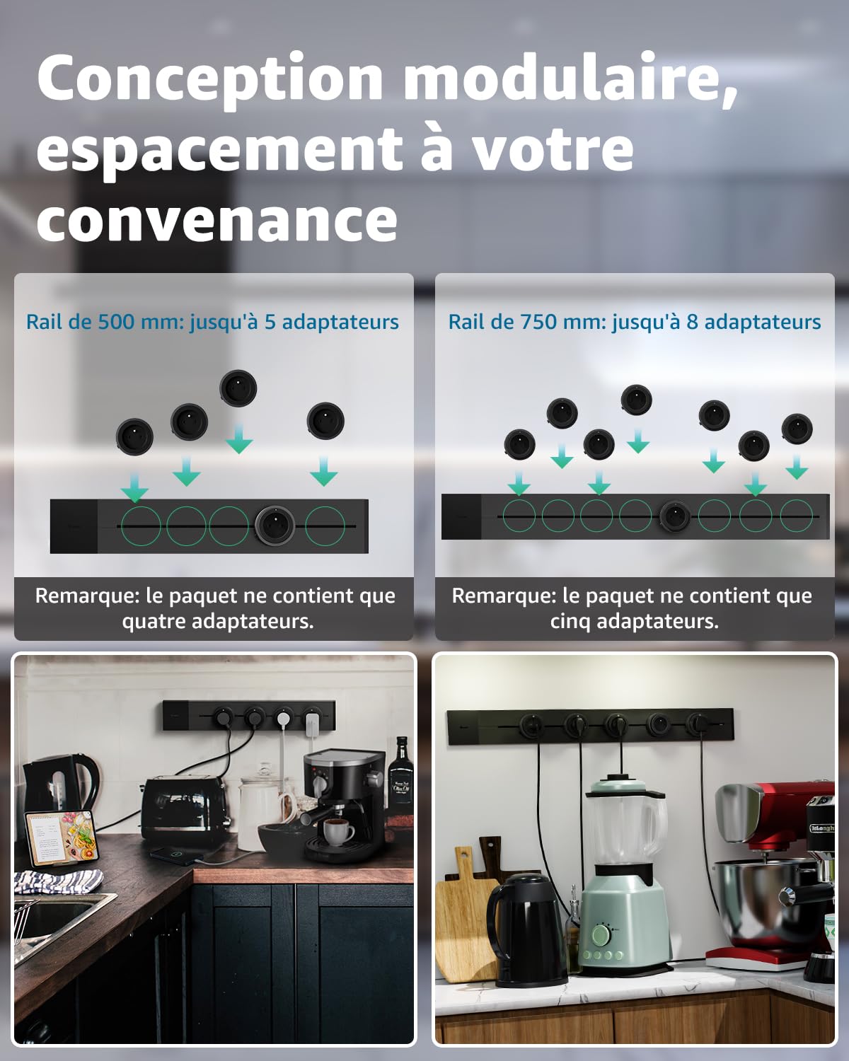 GONEO Rail de Prises modulable Mural 75 cm, multiprise électrique avec 5 adaptateurs et interrupteurs, 16A 3680W, 2P+T, Extensible jusqu'à 8 Prises, idéal pour Cuisine, Salon, Lieu de Travail