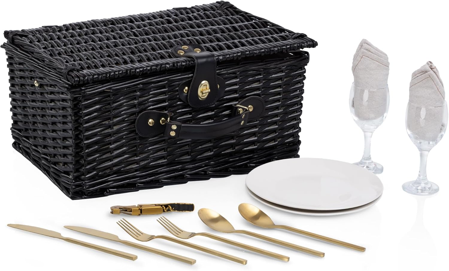 PICNIC TIME Classic Picnic Basket for 2, Romantic English-Style Wooden Wicker Basket with Deluxe Service for 2, Fully-lined Interior, Leatherette Lid-locking Buckle, and Carry Handle, (Black Willow)