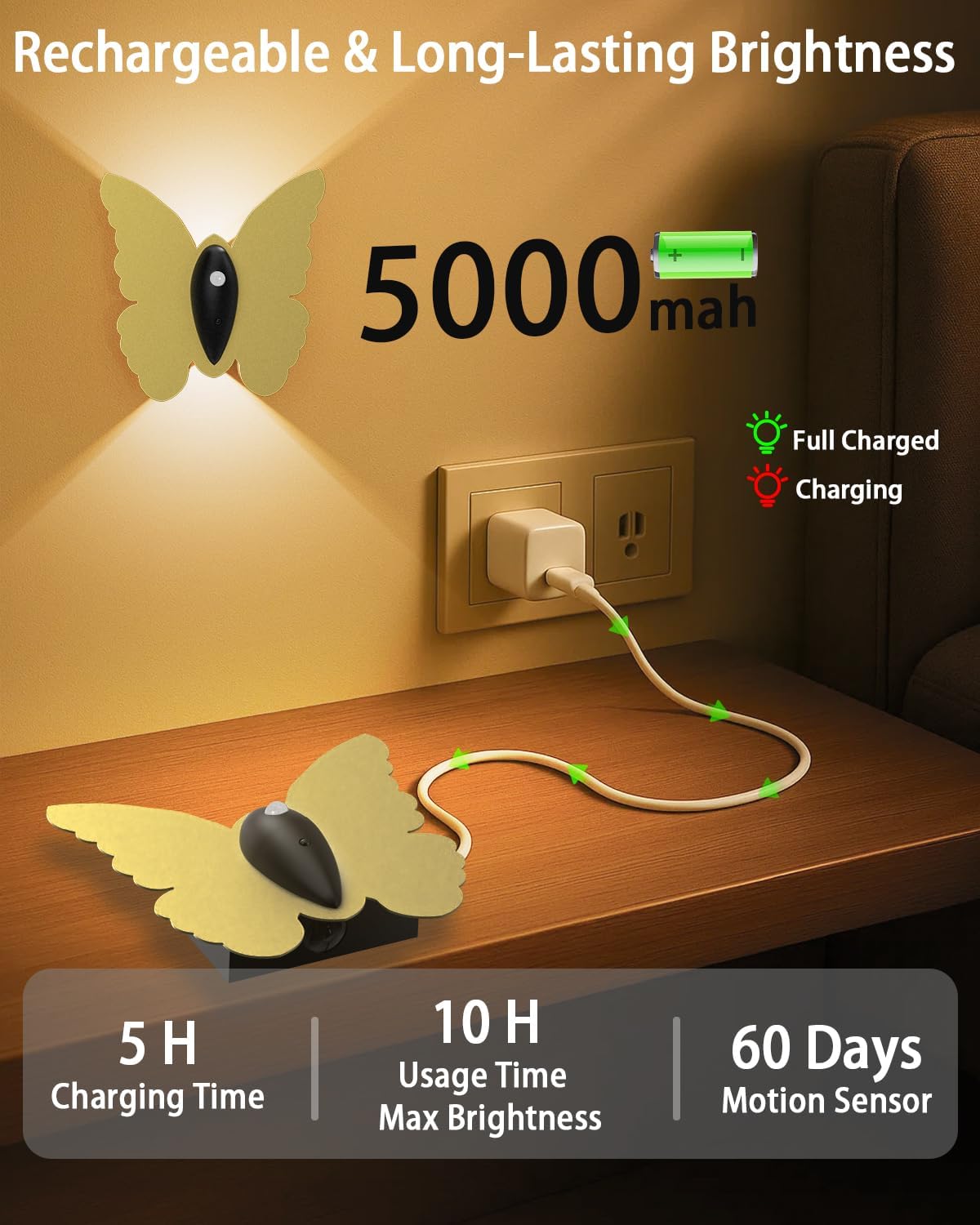 Magnetic Motion Sensor Wall Light: 5000mAh Rechargeable Battery Powered Wall Sconce Set of 2 with Remote, 3 Colors Wireless Wall Lamp LED Up and Down Wall Sconce for Hallway Stairway Bedroom, Gold