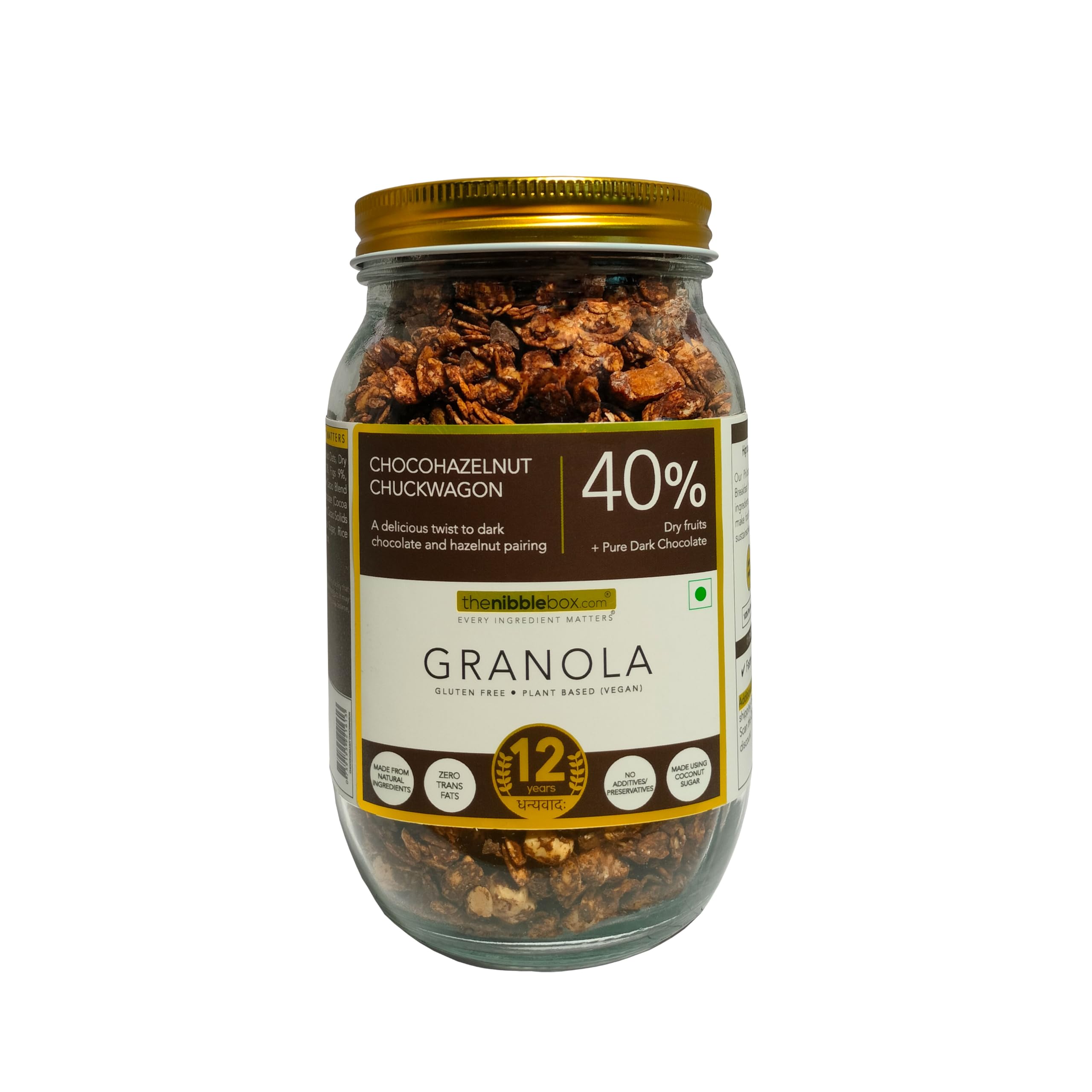 thenibblebox Chocohazelnut Chuckwagon Granola, 500g Jar [40% dry fruits, gluten free, vegan friendly, no refined sugar]