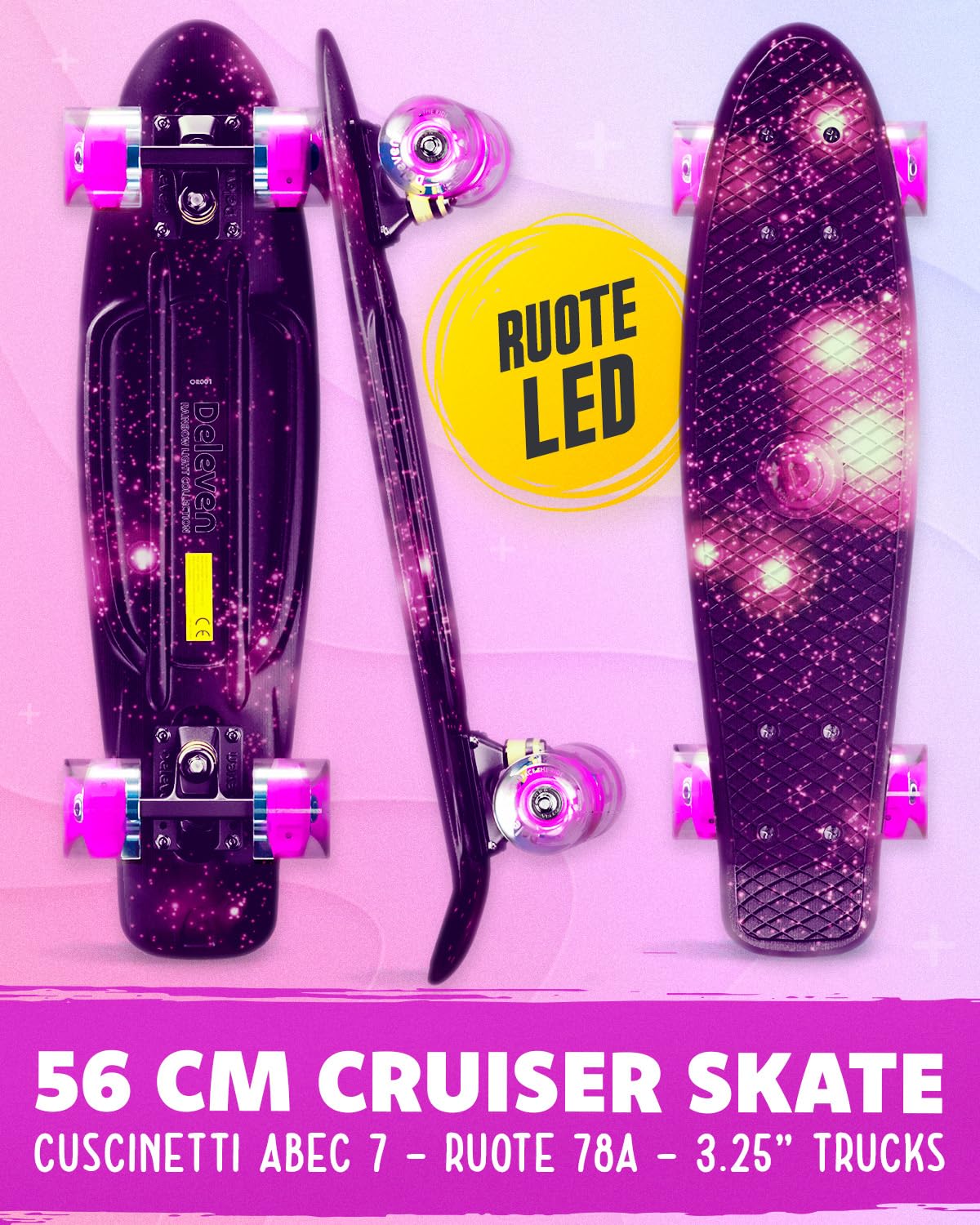 Deleven Skateboard 56cm con Ruote LED, Tool per Skate e Cuscinetti Abec 7 - Per Bambini Principianti Ragazze Ragazzi Adolescenti Adulti