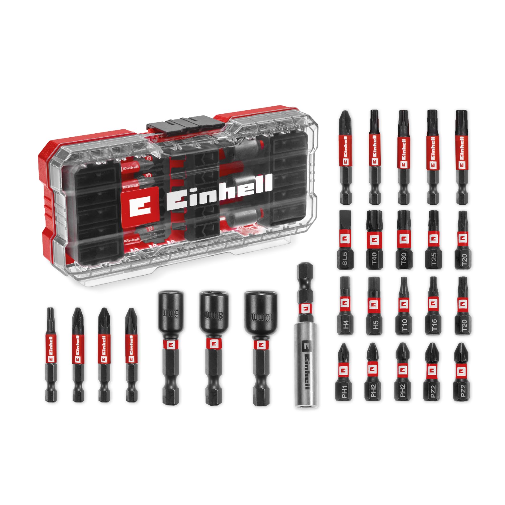 Original Einhell S-CASE 28-Piece Impact-Resistant bit Set (25 mm bits, 50 mm bits, 60 mm bit Holder, sockets incl. Storage Box)