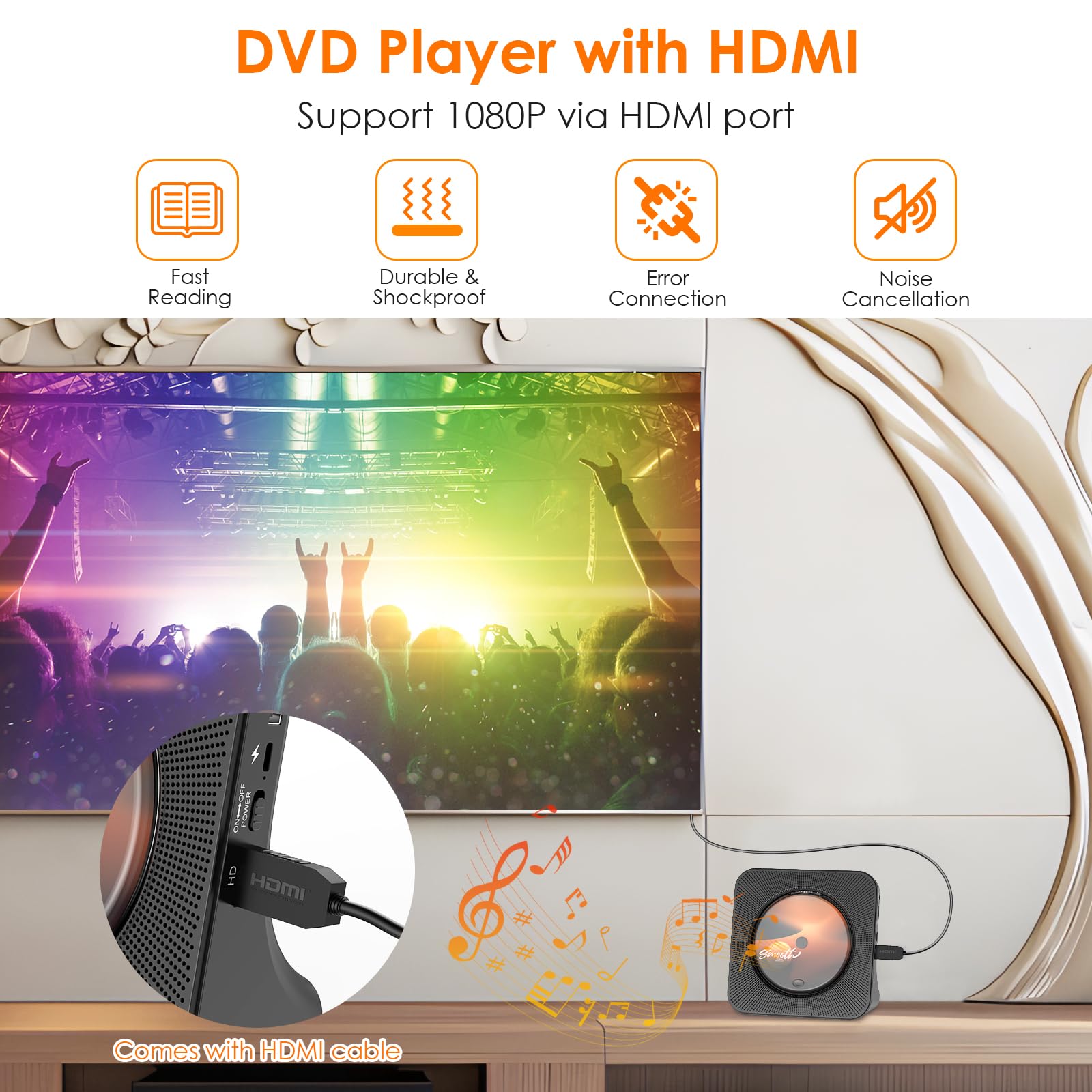 Reproductor de CD DVD de sobremesa con Altavoces Reproductor DVD HDMI Reproductores CD Bluetooth con Mando a Distancia Cubierta de Polvo Radio FM Temporizador Puerto de Auriculares USB AUX