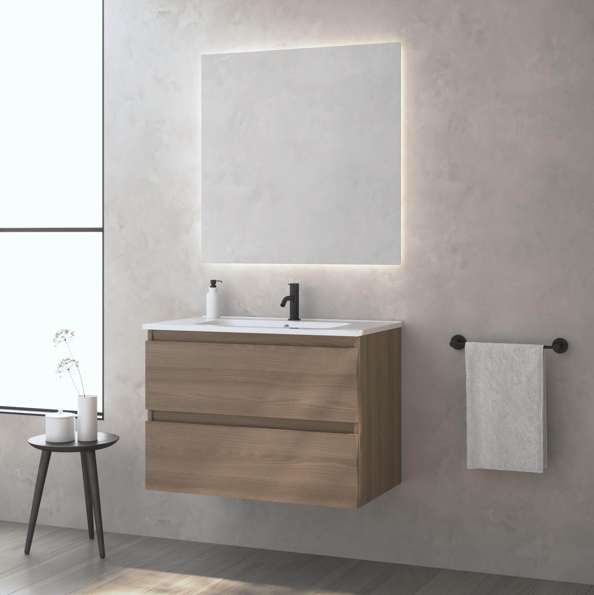 EstiloBaño - Aurora | Conjunto Mueble de Baño SUSPENDIDO con 2 Cajones + Lavabo | Disponible 60-80-100 + Blanco - Nogal 【Ancho 60】 【Nogal】