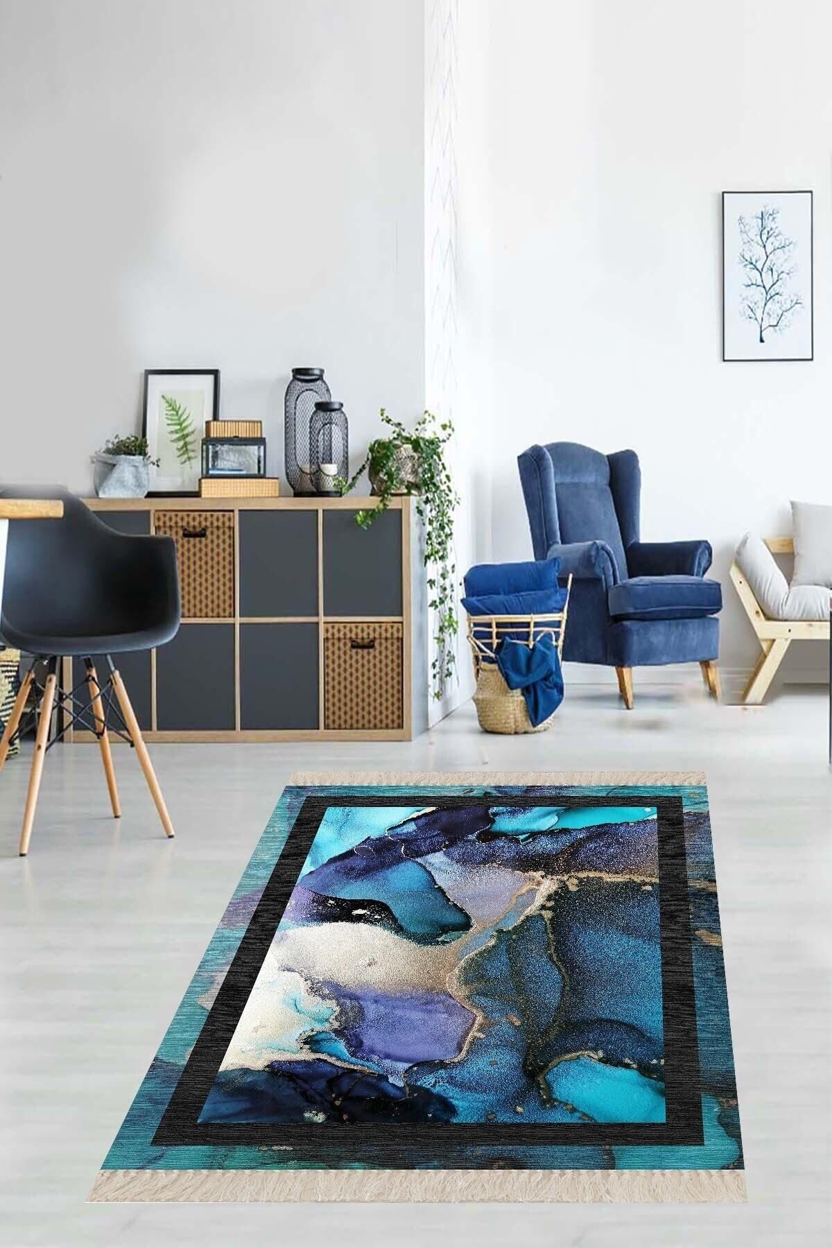On The Clouds Okyanus Esintili Siyah Çerçeve Dijital Baskı Yıkanabilir Kaymaz Taban Leke Tutmaz Modern Salon Halı BLT-S-021, 100 x 200