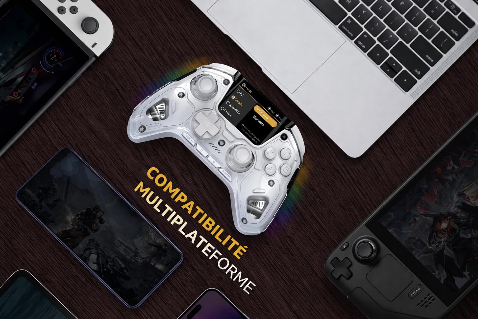 Générique ManbaOne ManbaOne Manette de jeu sans fil avec écran interactif pour Switch/Switch 2/Windows PC/iOS/Android, bâton effet Hall et déclencheur avec station de charge (blanc)