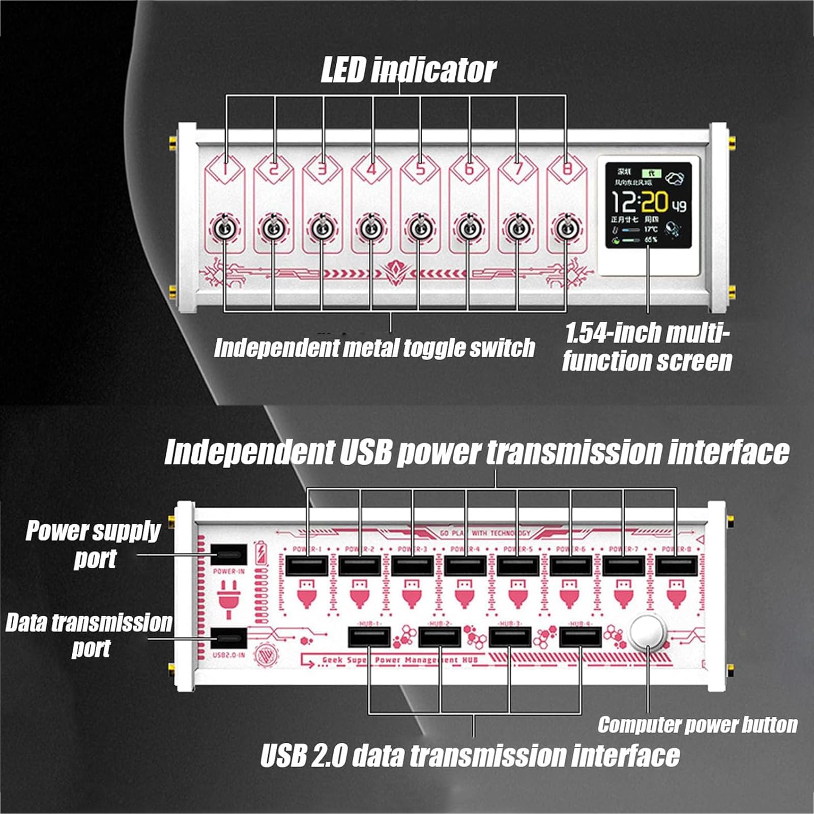 Switch USB A 8 Porte, Hub USB Modulare da 36 W con Docking Station, Interruttore Metallico Indipendente, Schermo LED da 1,54 Pollici, per Trasmissione Dati E Tablet Black
