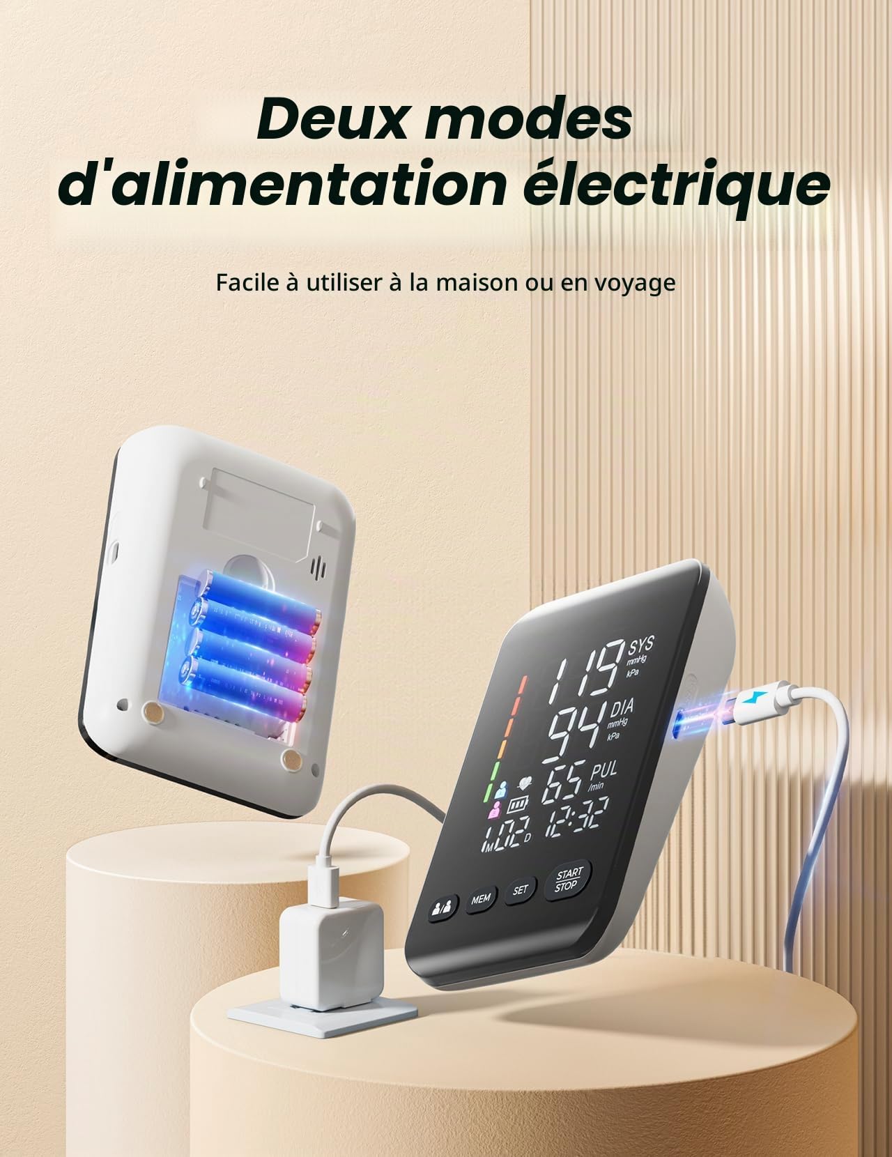 Tensiomètre Bras Professionnel avec écran LED HD, Circonférence 22-42 cm, 2 x 199 Utilisateurs, Batterie AA/Type-C