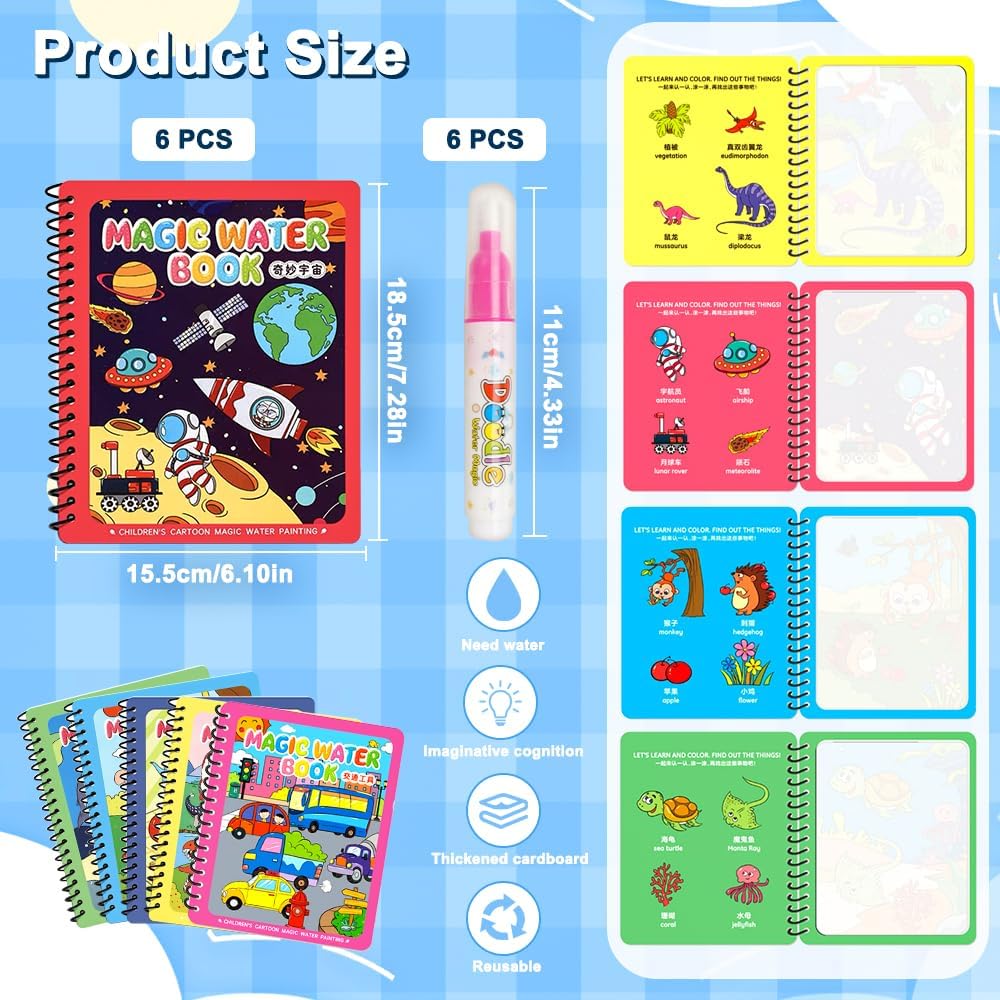 6 Pieces Magic Water Colouring Books, Reusable Water Painting Books, Animal Magic Painting Book - Image 2