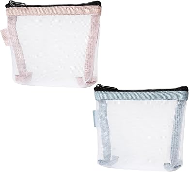 2 Pcs Mini Mesh Bag with Zipper, Small Clear Nylon Mesh Pouches, Portable Travel Makeup Organizer Bags for Cosmetic Lipstick Keys Headphones- Blue & Pink