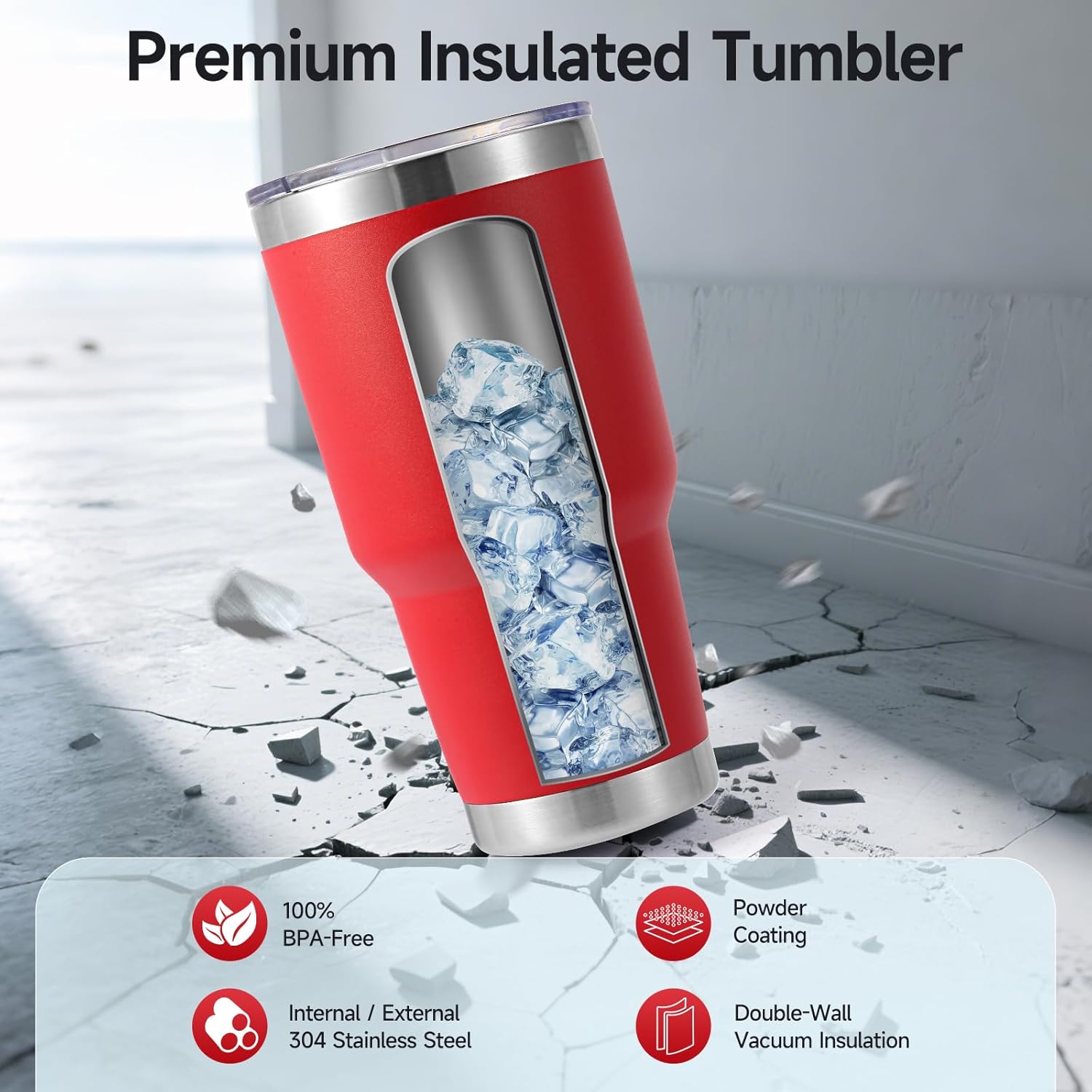 Volhoply 30oz Insulated Tumbler with Lid and Straw, Double Wall Inner & Outer 304 Stainless Steel Coffee Cup, Travel Mug Reusable Thermal Cup for Cold & Hot Drinks (Red,1 Pack) - Image 3