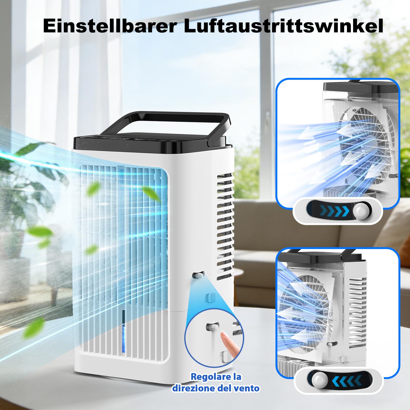 Klimaanlage Mobil, Mini Luftkühler, mit 2 Sprühstufen & 4 Geschwindigkeitsstufen, 1200ml Wassertank, 7 Farben Nachtlicht, 1-8 Stunden Timer, für Schlafzimmer und Büro (Cremeweiß)