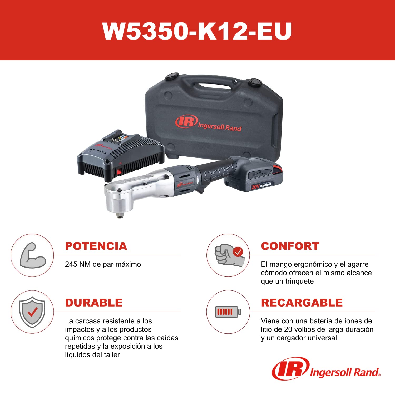 Ingersoll-Rand Llave de Impacto W5350 1/2'' 180 ft-lb RPM 1850 Recargable con 2 Baterías de Iones de Litio Carcasa Resistente Ergonómica y Versátil