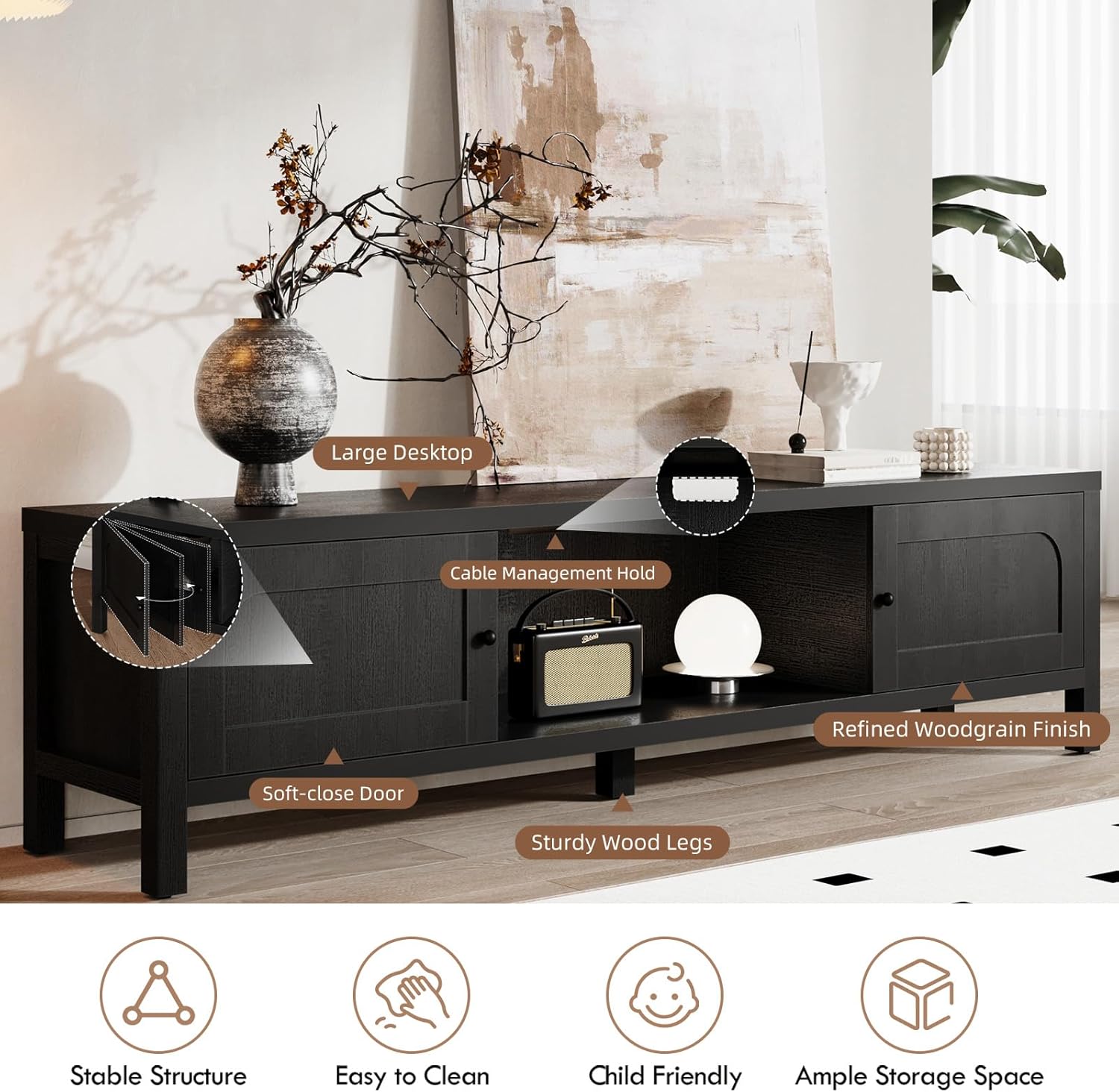 70 Inches Modern Black TV Stands for 65 75 Inches TV Media Console for Living Room Soft-Close Doors TV Entertainment Center with Cabinet Storage Wood Television Cabinet for Bedroom