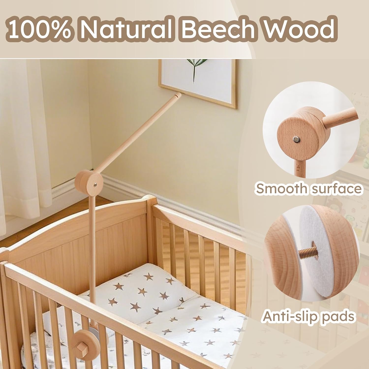 Moyii Wooden Baby Mobile Arm for Crib – Adjustable Beech Wood Mobile Holder, Foldable Baby Mobile Hanger with 360° Rotation, Easy-to-Install Crib Mobile Attachment for Nursery Decor