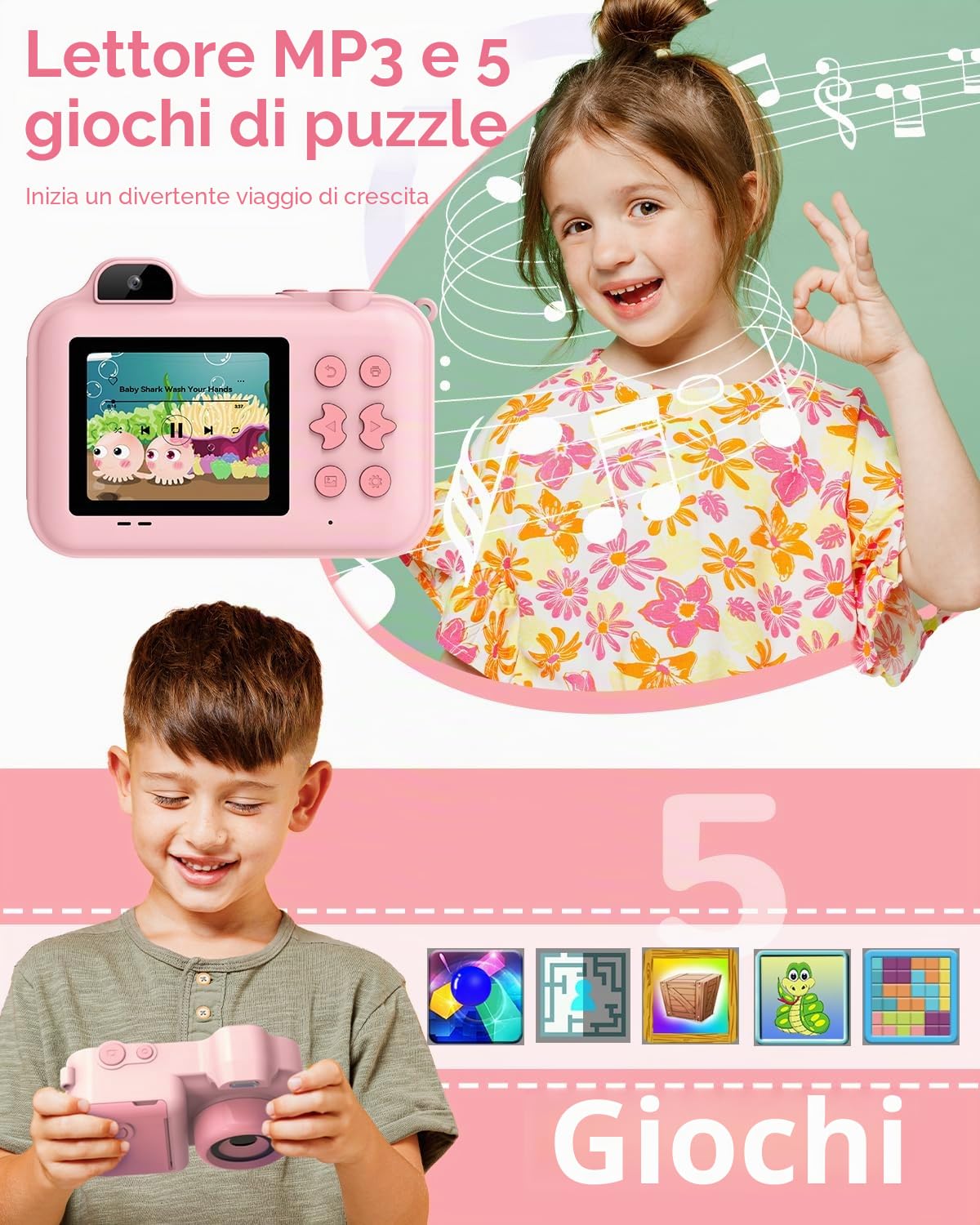 Macchina Fotografica Bambini Istantanea, 2.4" Fotocamera Digitale Selfie con 24MP/1080P HD Videocamera, 32GB Scheda, 5 Rotoli Carta Stampa Fotocamera Bambini per Ragazze Ragazzi da 3-14 Regalo, Rosa