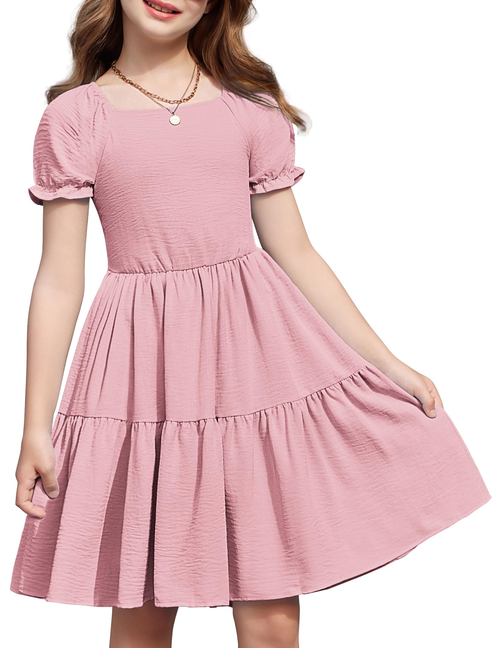 Arshiner Girls Summer Dress Tie Back Short Sleeve Square Neck Tiered Midi Casual Dresses with Pockets