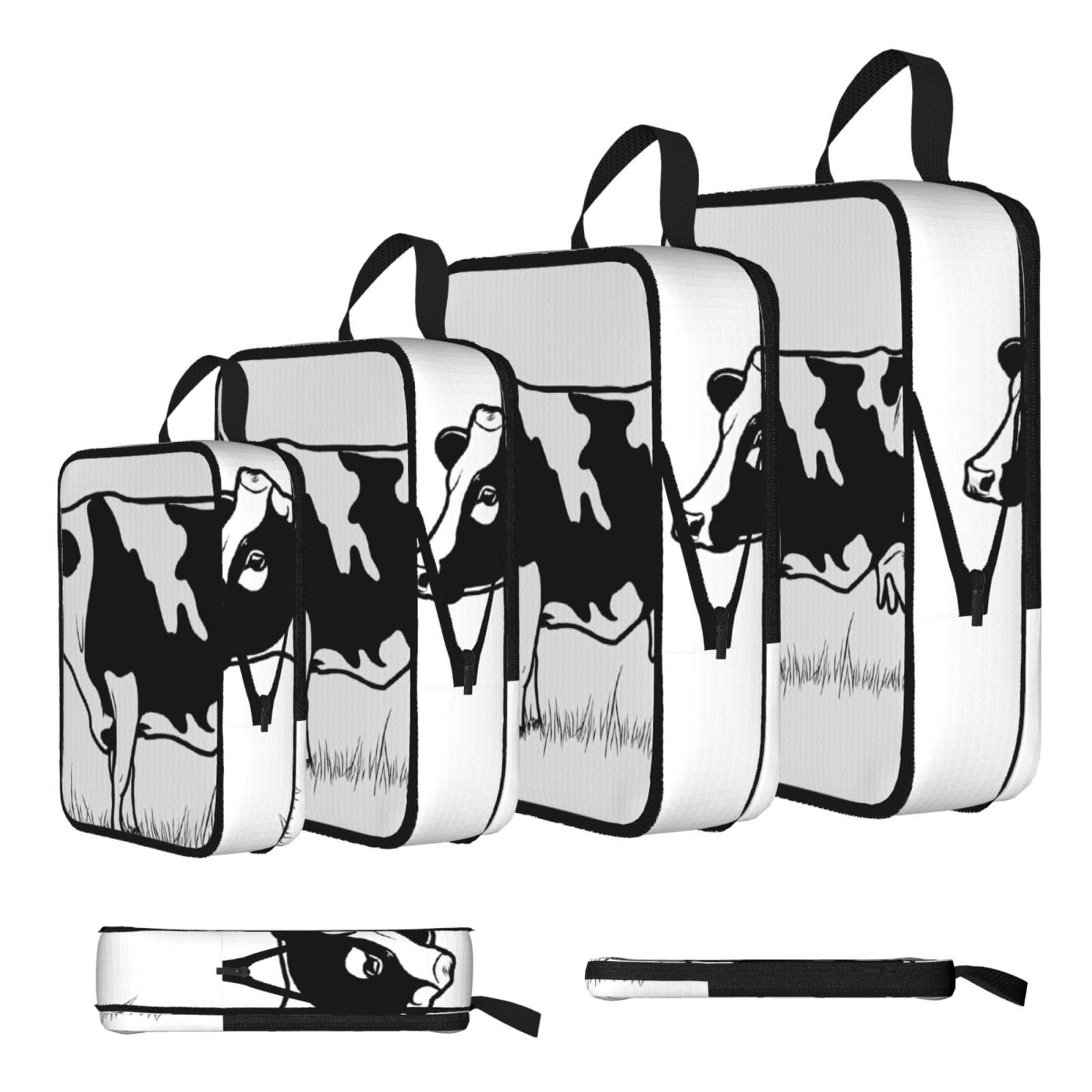 Ezdlowvba Black Cow In And White Print Compression Packing Cubes 4-Piece Set With Multi- Compartment Travel Bag, Waterproof Suitcase Organiser Bags
