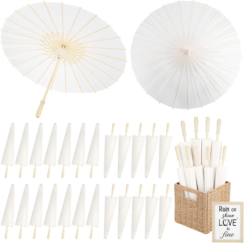 24 Pack Paper Umbrellas for Wedding 23.6 Inch White Parasols Bulk | Chinese Japanese Parasol Umbrella for Guests Sun Protection with Woven Basket and Photo Frame for Wedding Bridal Props Decor
