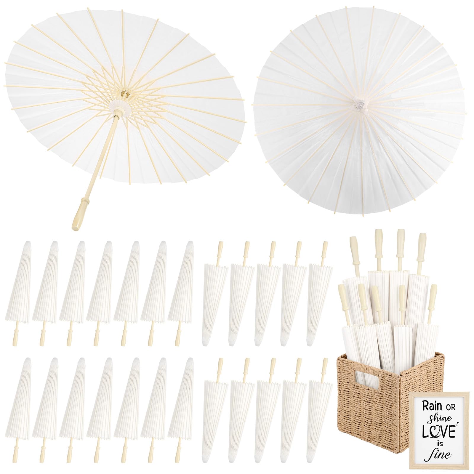 Photo 1 of 24 Pack Paper Umbrellas for Weddings 23.6 Inch White Paper Parasols for Guests with Woven Storage Basket and Photo Frame for Wedding Anniversary Parties Bridal Showers Party