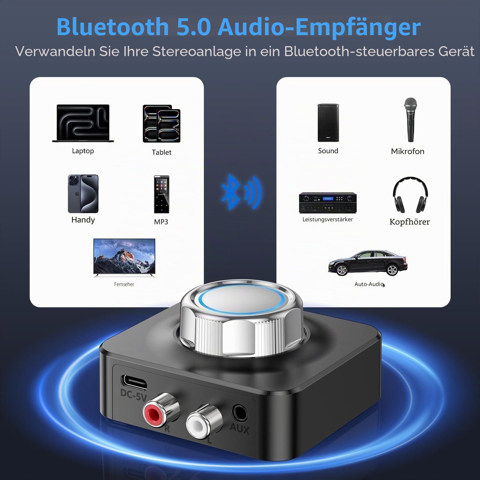 NEUTYPECHIC Bluetooth 5.0 Empfänger für Stereoanlage, Dual AUX Adapter Mit 3.5 mm Klinke & Cinch Audio Receiver für Lautsprecher, Verstärker und Autoradio
