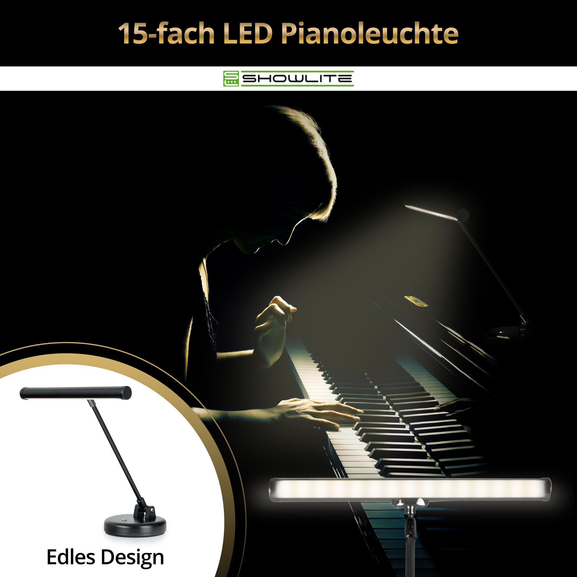 Showlite PL-1-BK-KW Lampada LED per Pianoforte - Lampada per Pianoforte con 15 LED - luce bianco caldo a 2 livelli - altezza 36 cm - alimentazione via USB, rete o batteria - nero