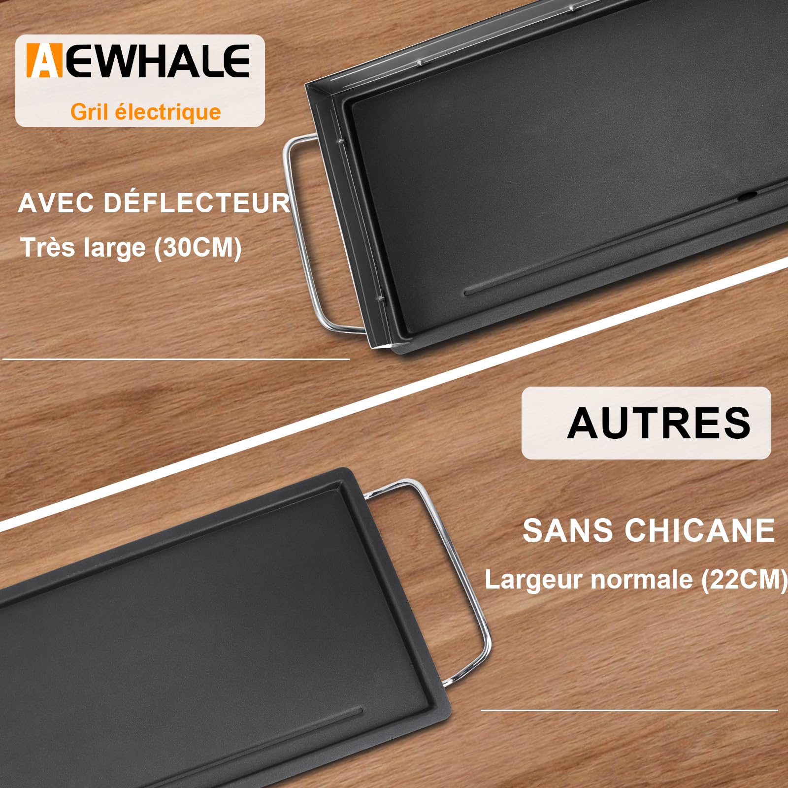 AEWHALE Plancha Électrique XXL 2400W-Grill électrique avec pare-éclaboussures en acier inoxydable & Thermostat réglable - Revêtement antiadhésif,Pour intérieur & exterieur,Extra Large (90x33cm)