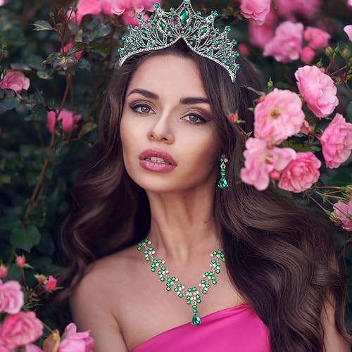 Miniatura 7 de Hicarer Juego de 3 piezas de corona barroca de reina, aretes de tiara, collar, diadema de cristal, tiaras y coronas para mujer, joyería de boda,