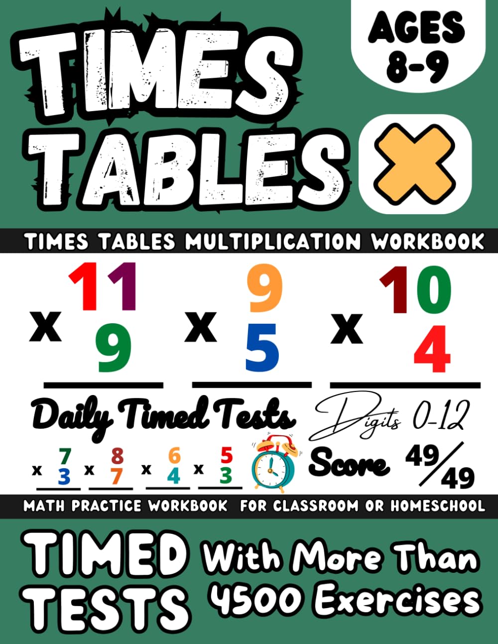 Times Tables Workbook, Maths Book for 8-9 Year Olds, Year 4 Maths Workbook (KS2 Maths): Multiplication Math Drills, Digits 0-12, Timed Tests