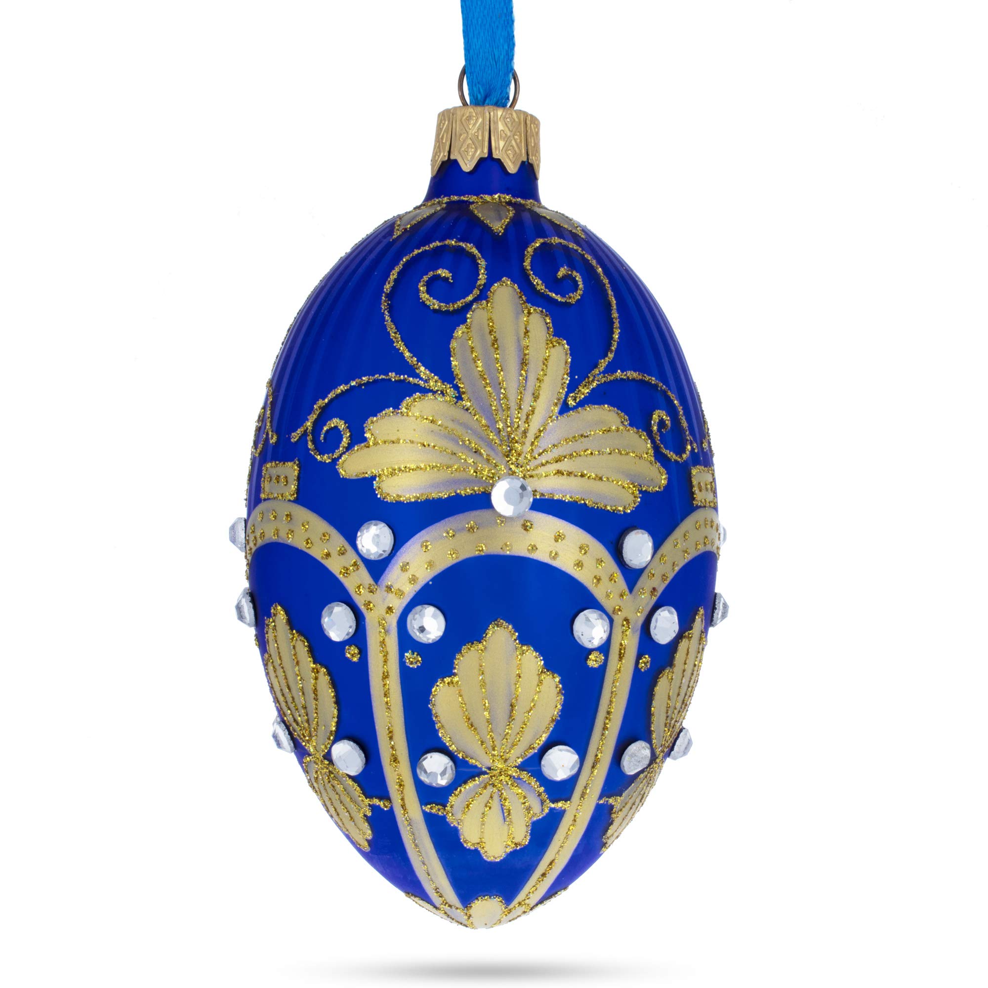 Œuf décoratif en verre BestPysanky bleu roi ornement perle dorée bibelot de Pâques haut de gamme