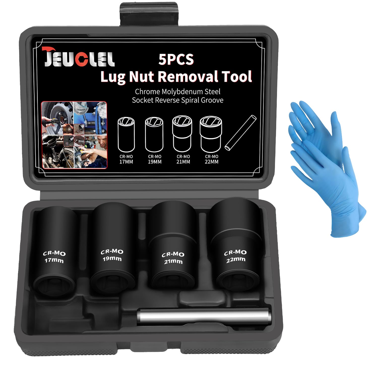 5PCS Twist Lug Nut Socket Set - 1/2 inch Drive Damaged Nut Lock Remover Extractor - Rusted & Strip & Stripped & Stuck Locking Nut Removal Tool Kit with 17mm 19mm 21mm 22mm Sockets