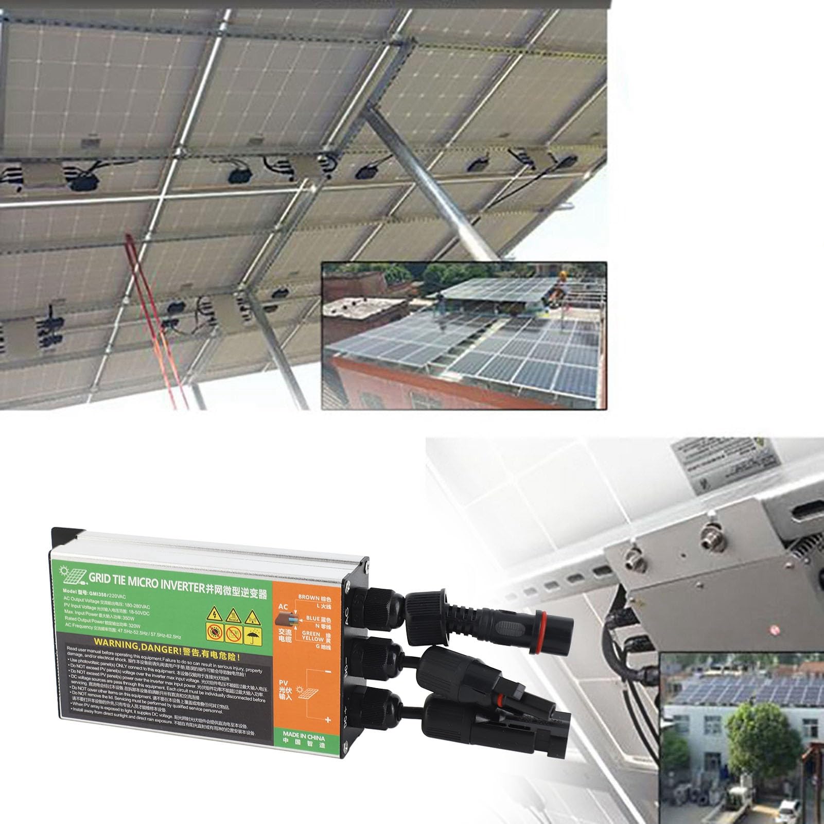 Inverter a Onda Sinusoidale Pura da 350 W, Inverter a Rete da 350 W in Lega di Alluminio AC 220 V con Protezione della Temperatura e della Tensione per la Produzione di Energia Fotovoltaica